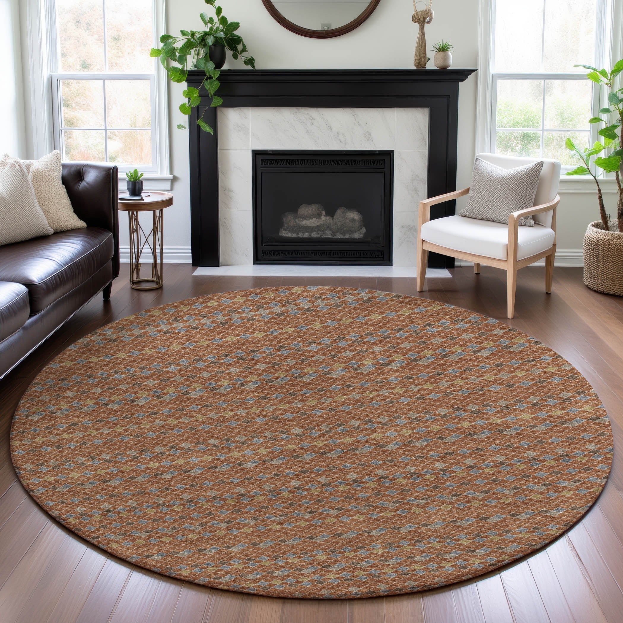 Kathmandu Machine Washable Transitional Paprika Orange Rug 8' x 8' #shape_Round