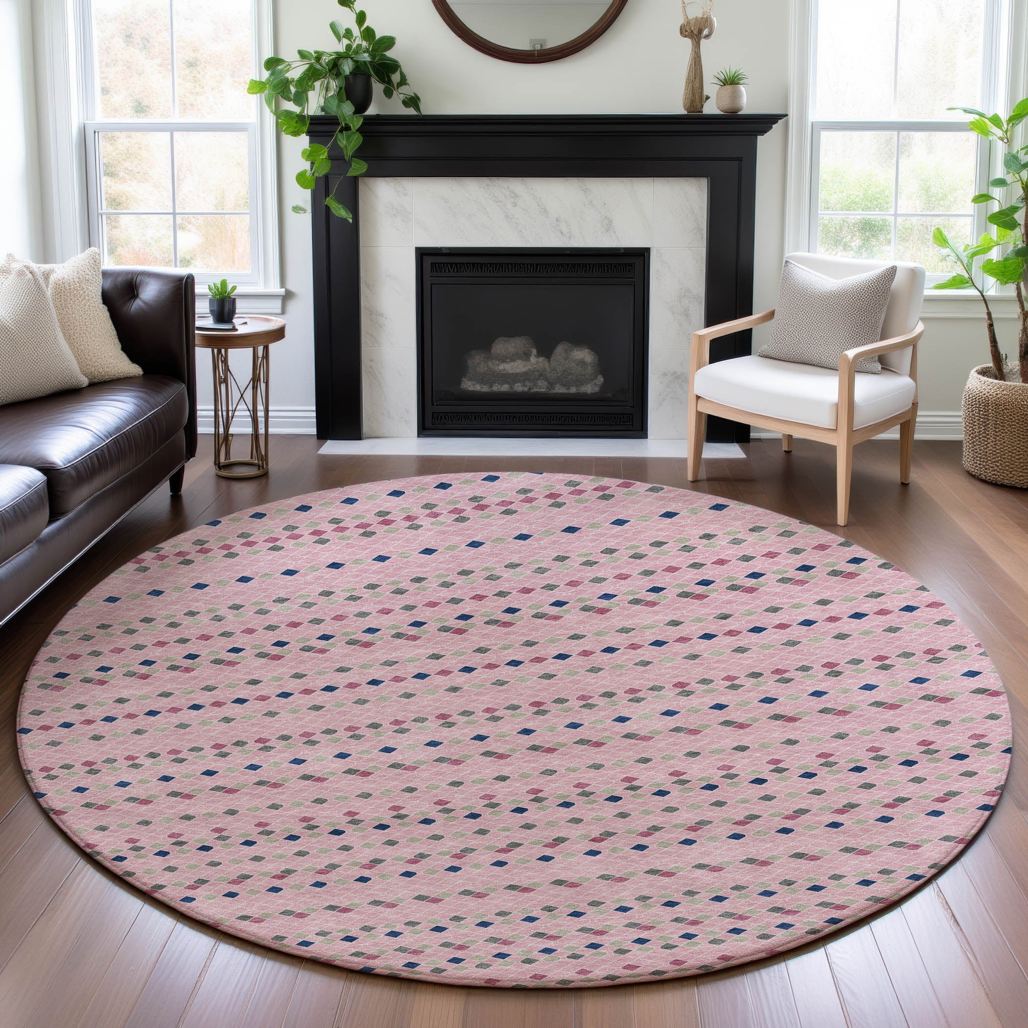 Kathmandu Machine Washable Transitional Pink Rug 8' x 8' #shape_Round