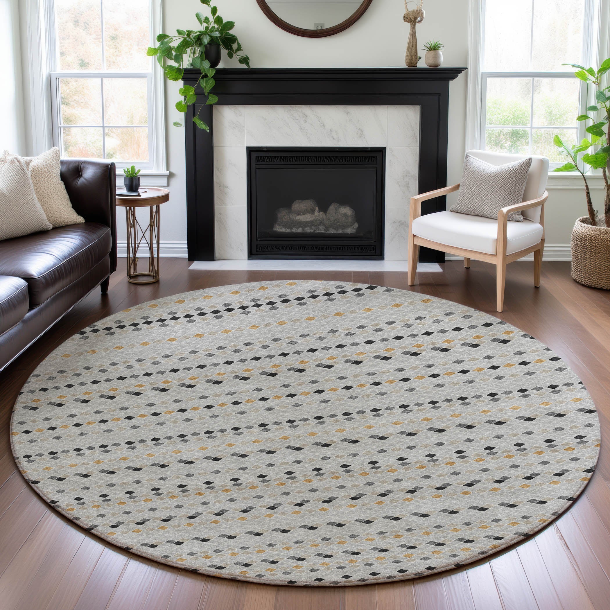 Kathmandu Machine Washable Transitional Silver Gray Rug 8' x 8' #shape_Round