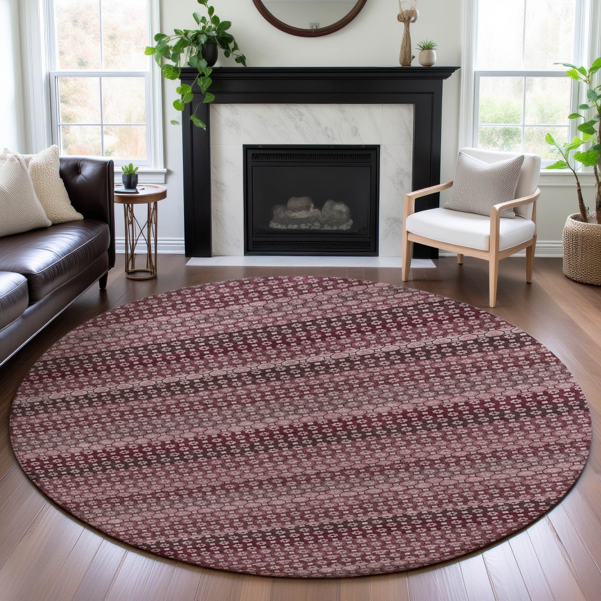 Tallinn Machine Washable Transitional Garnet Red Rug 8' x 8' #shape_Round