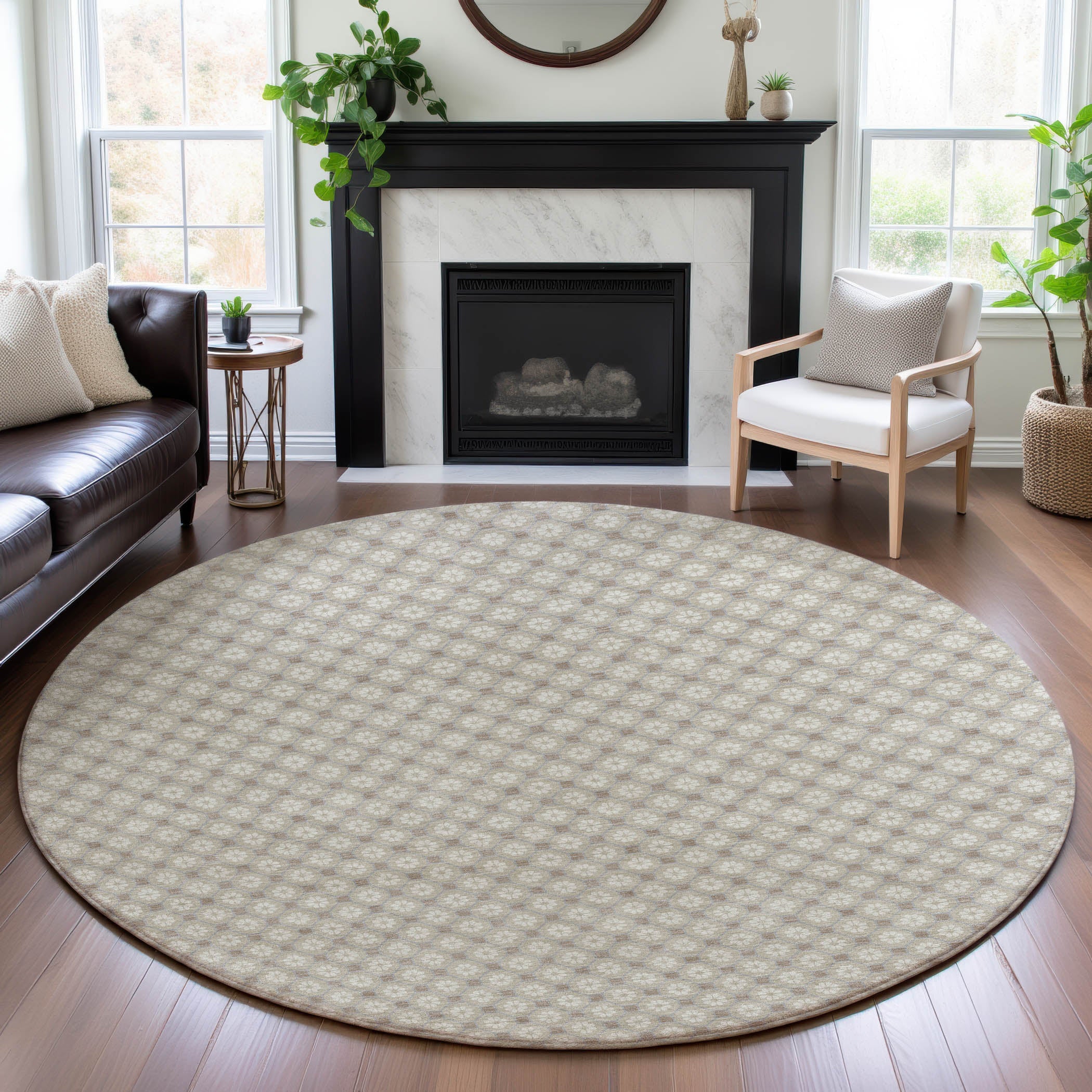 Siena Machine Washable Transitional Beige Brown Rug 8' x 8' #shape_Round