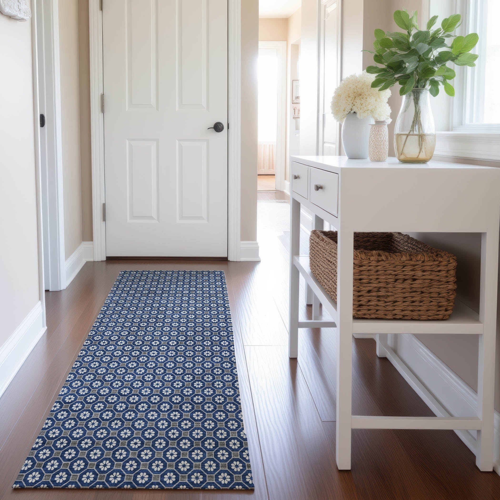 Siena Machine Washable Transitional Navy Blue Rug 2'3" x 7'6" #shape_Runner