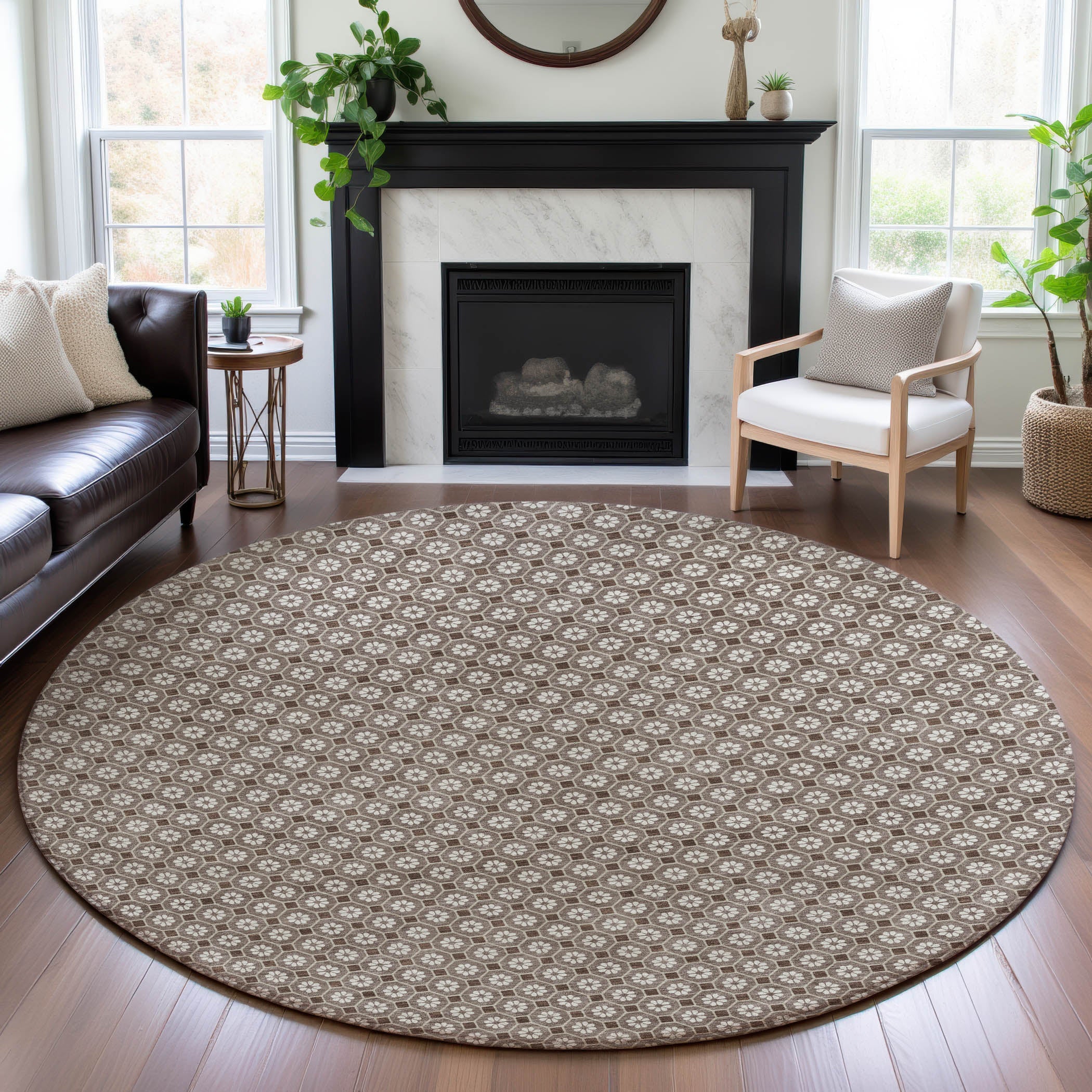 Siena Machine Washable Transitional Taupe Brown Rug 8' x 8' #shape_Round