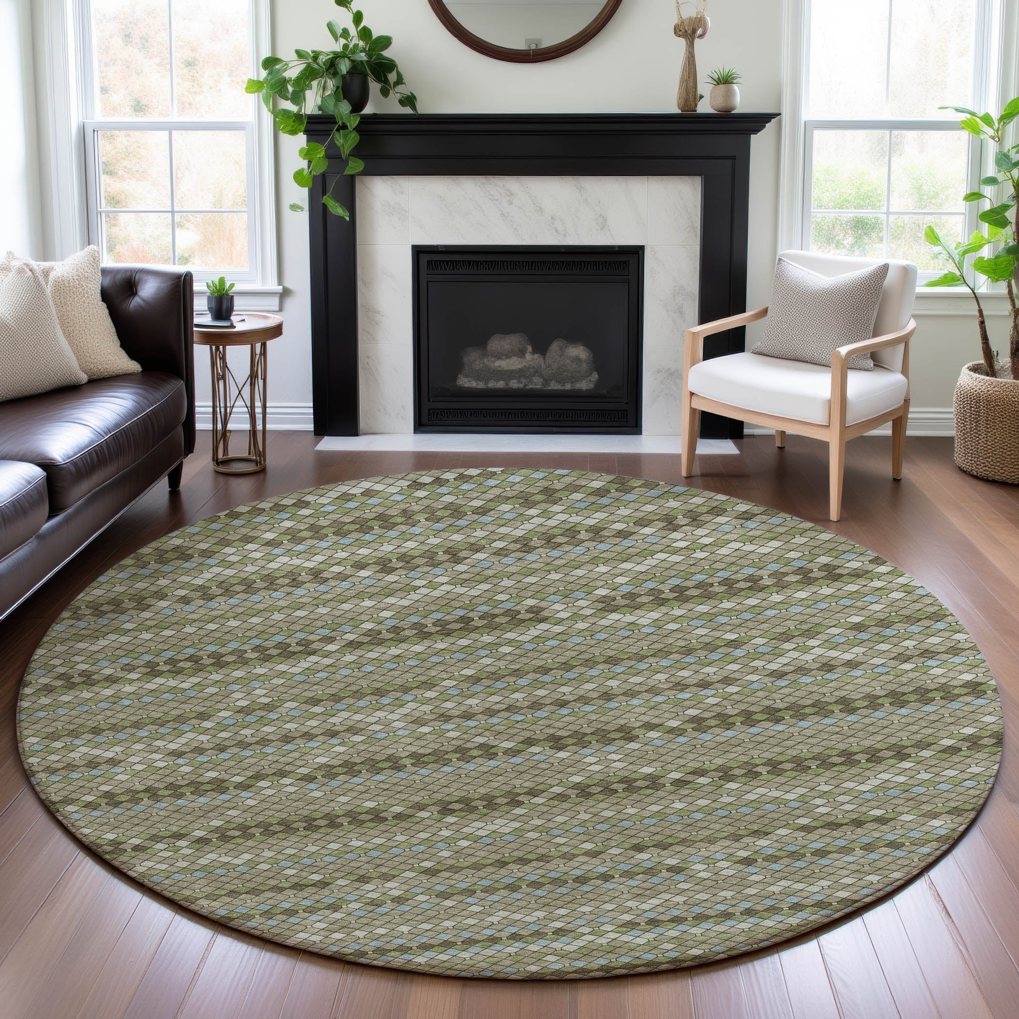 Bangkok Machine Washable Transitional Aloe Green Rug 8' x 8' #shape_Round