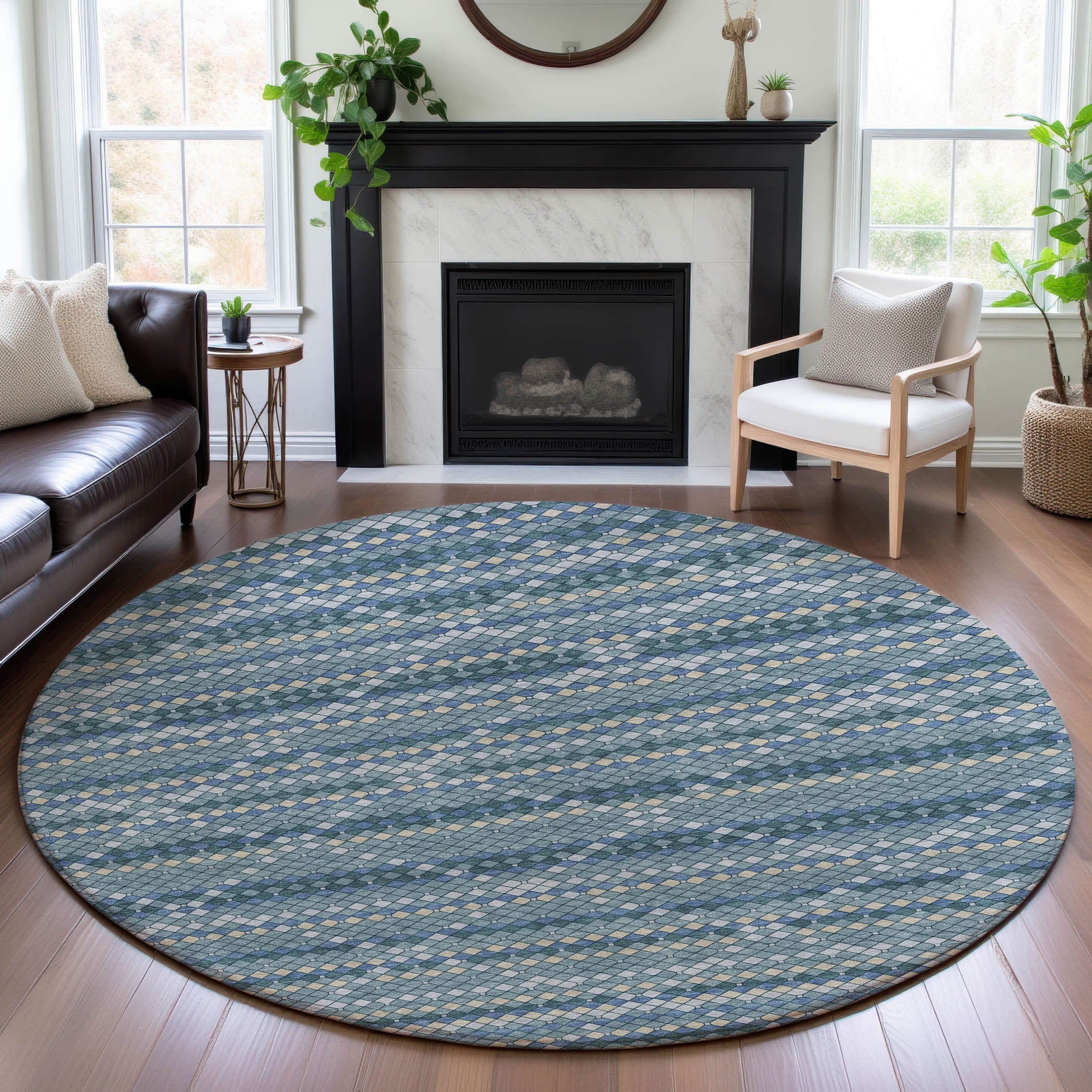 Bangkok Machine Washable Transitional Denim Blue Rug 8' x 8' #shape_Round