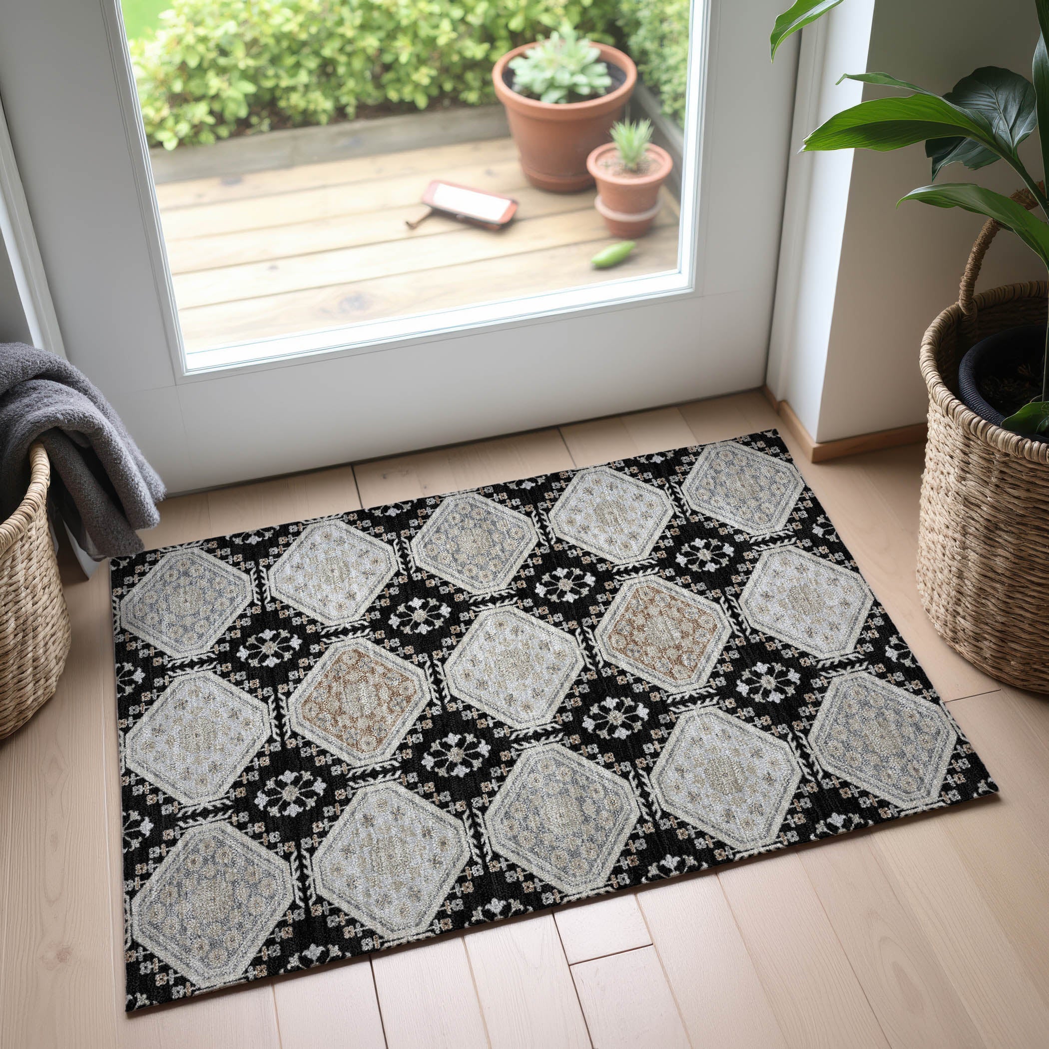 Oaxaca Machine Washable Transitional Black Rug 1'8" x 2'6" #shape_Rectangle
