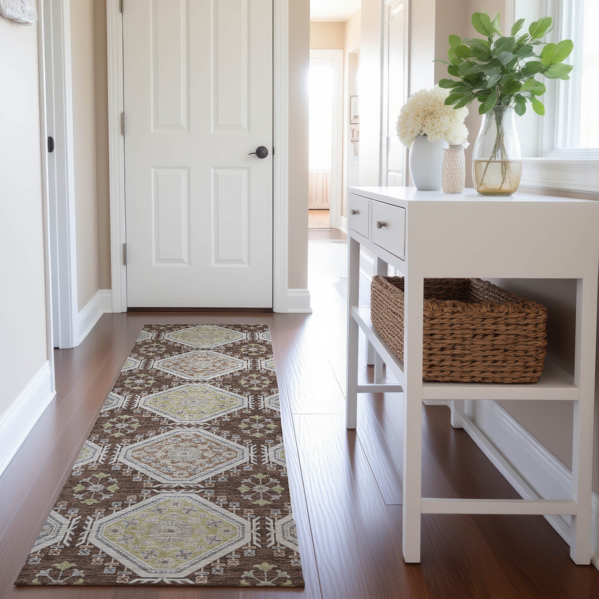 Oaxaca Machine Washable Transitional Chocolate Brown Rug 2'3" x 7'6" #shape_Runner