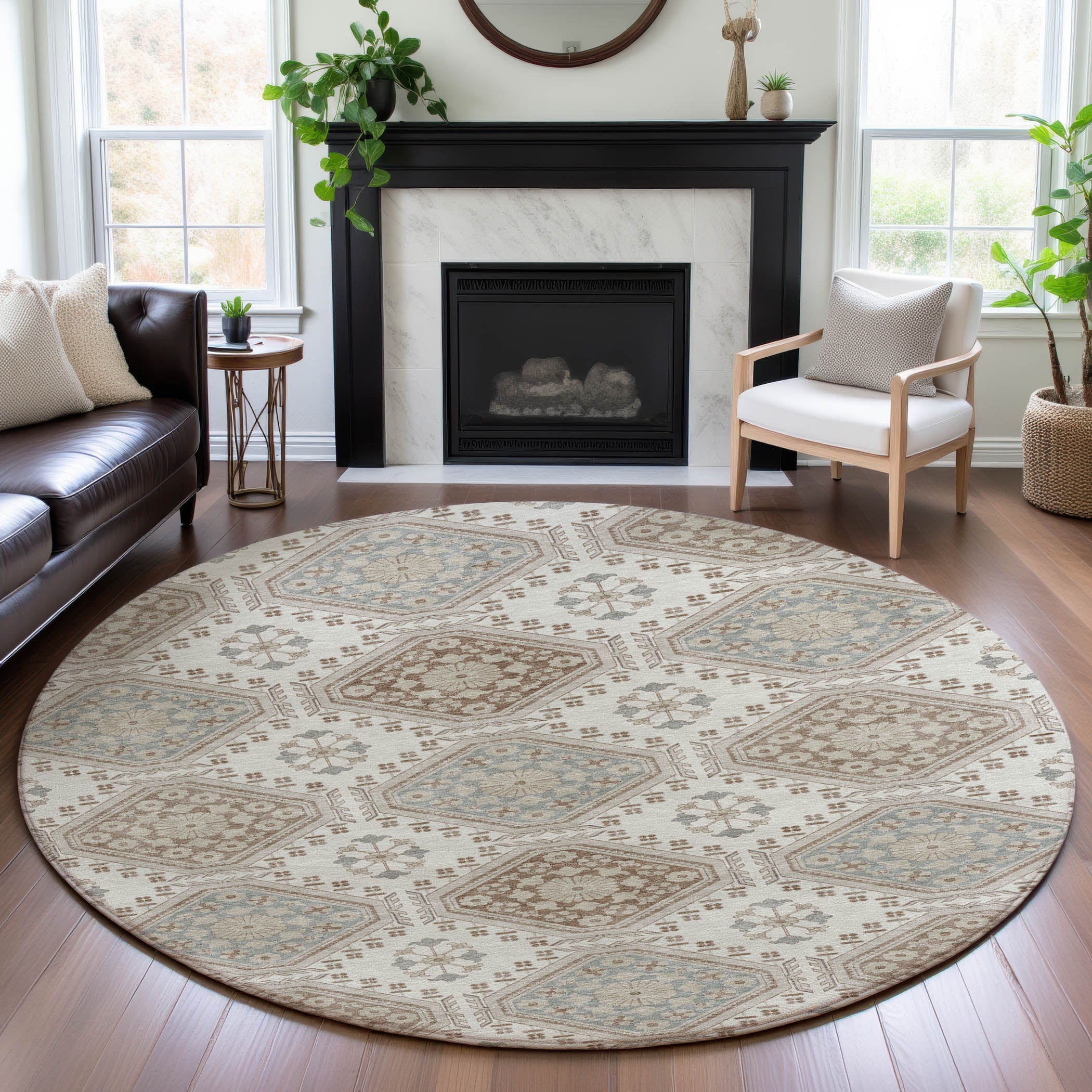 Oaxaca Machine Washable Transitional Ivory Rug 8' x 8' #shape_Round