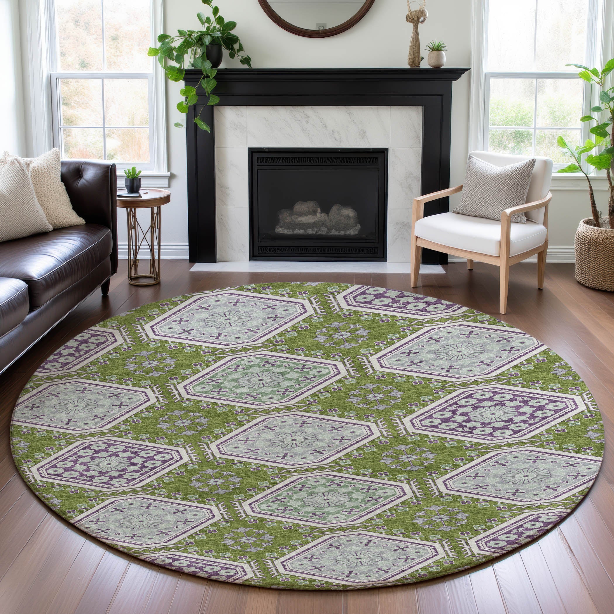 Oaxaca Machine Washable Transitional Lime Green Rug 8' x 8' #shape_Round