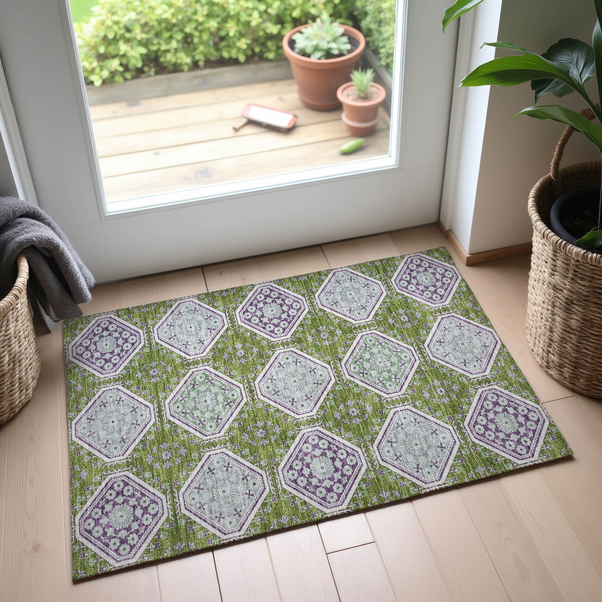 Oaxaca Machine Washable Transitional Lime Green Rug 1'8" x 2'6" #shape_Rectangle