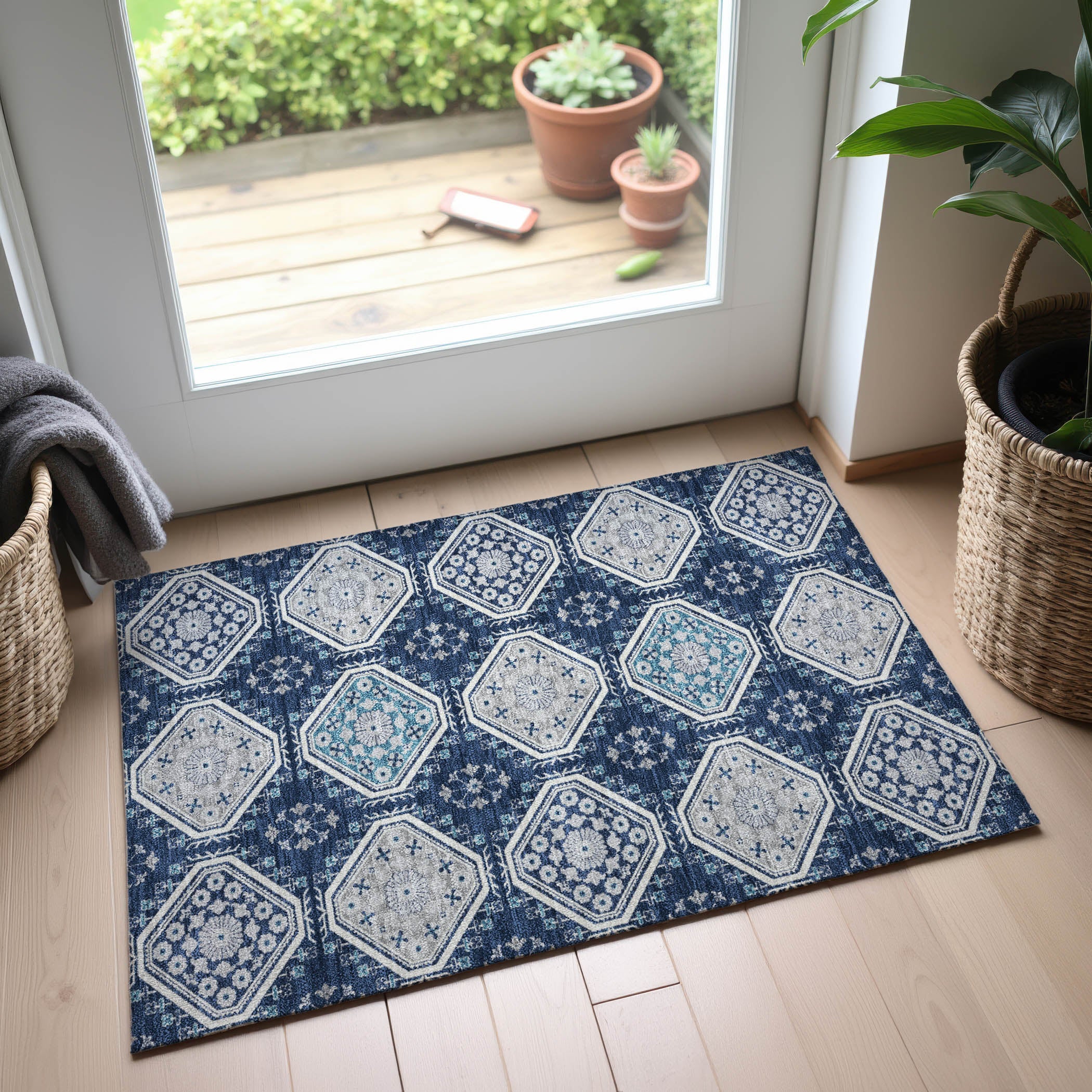 Oaxaca Machine Washable Transitional Navy Blue Rug 1'8" x 2'6" #shape_Rectangle