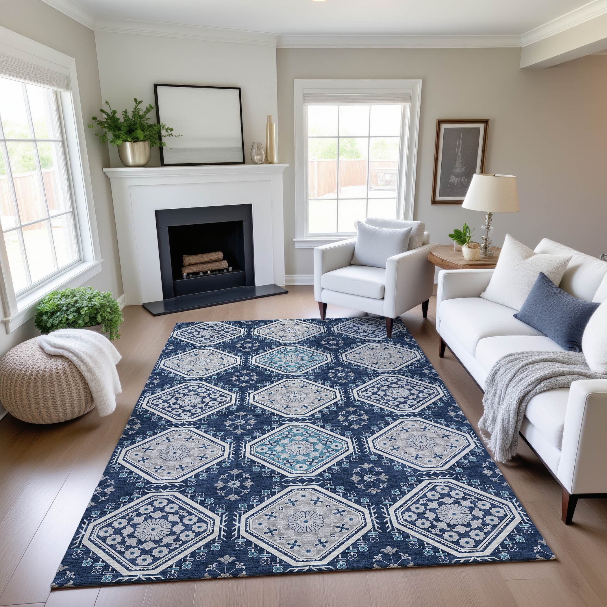 Oaxaca Machine Washable Transitional Navy Blue Rug 2'6" x 3'10" #shape_Rectangle