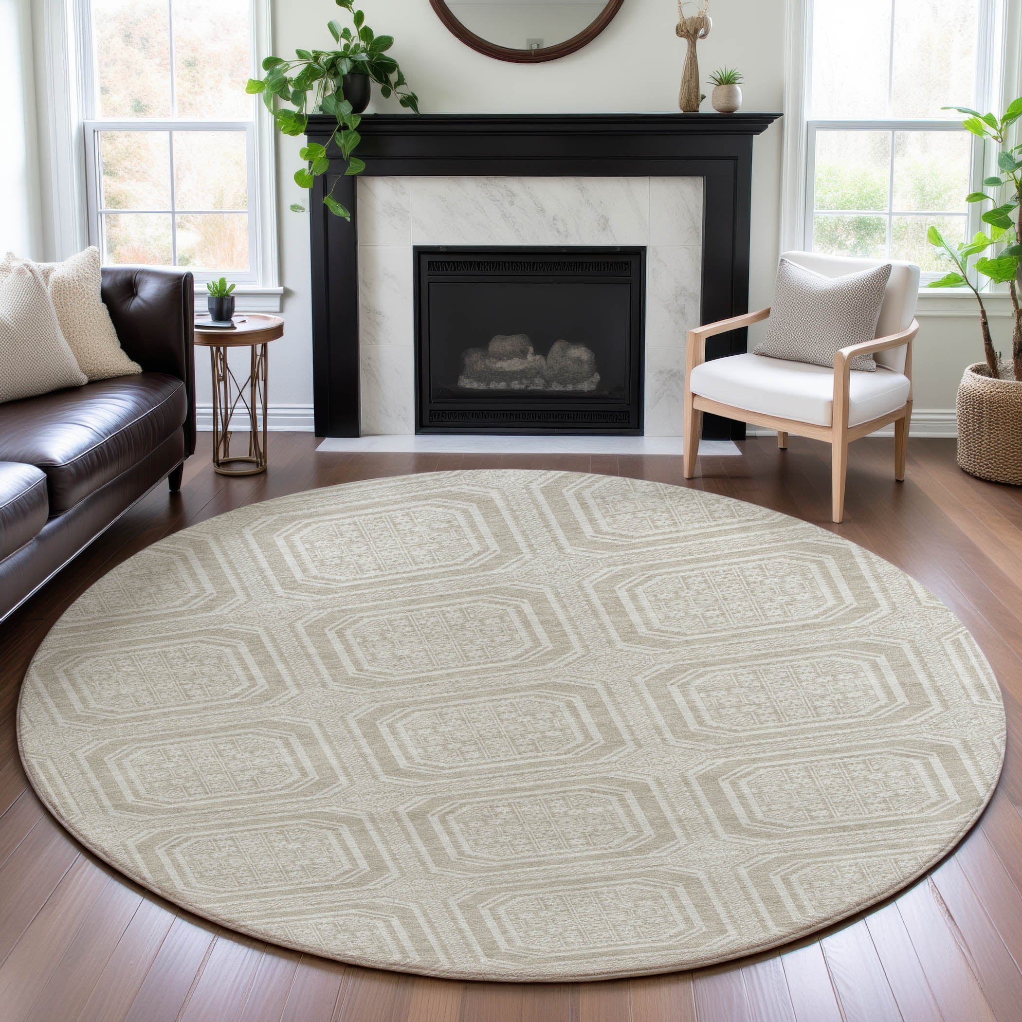 Kyoto Machine Washable Transitional Beige Brown Rug 8' x 8' #shape_Round