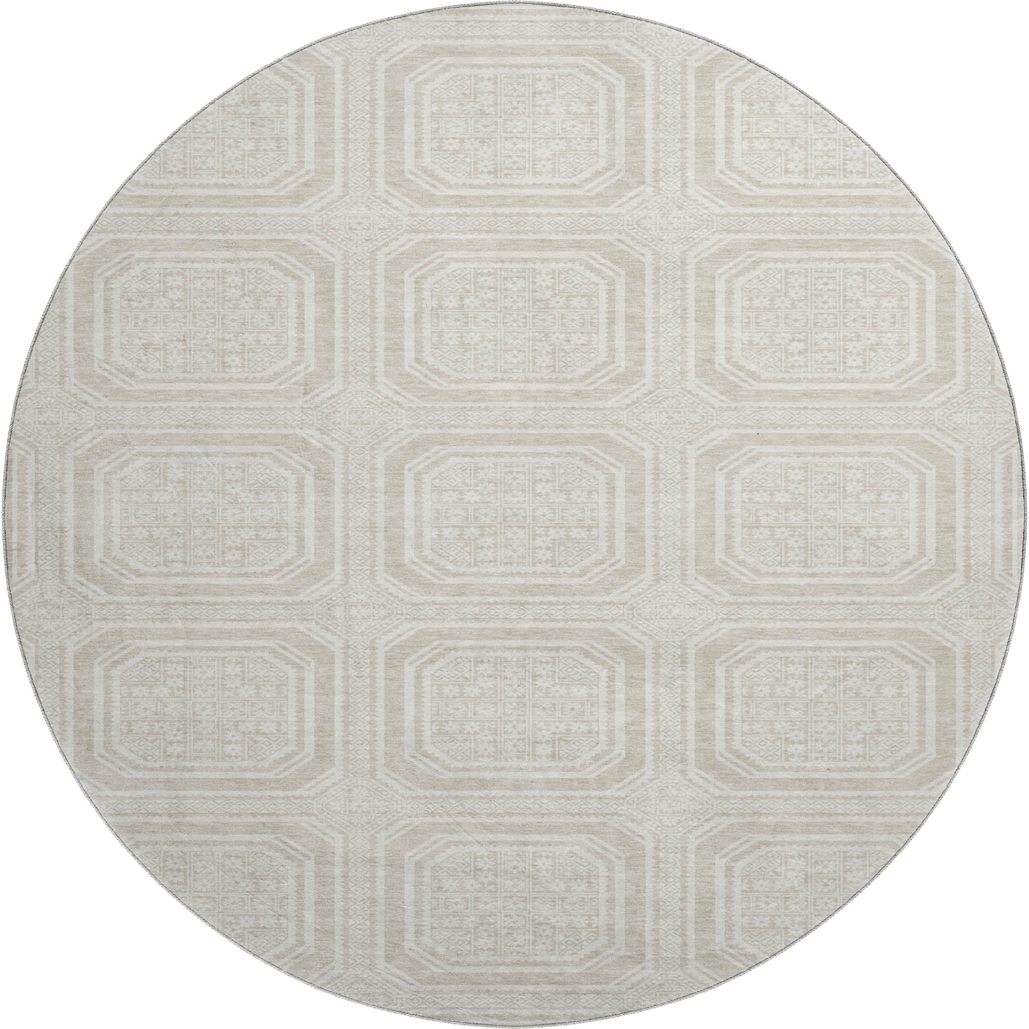 Kyoto Machine Washable Transitional Beige Brown Rug 8' x 8' #shape_Round