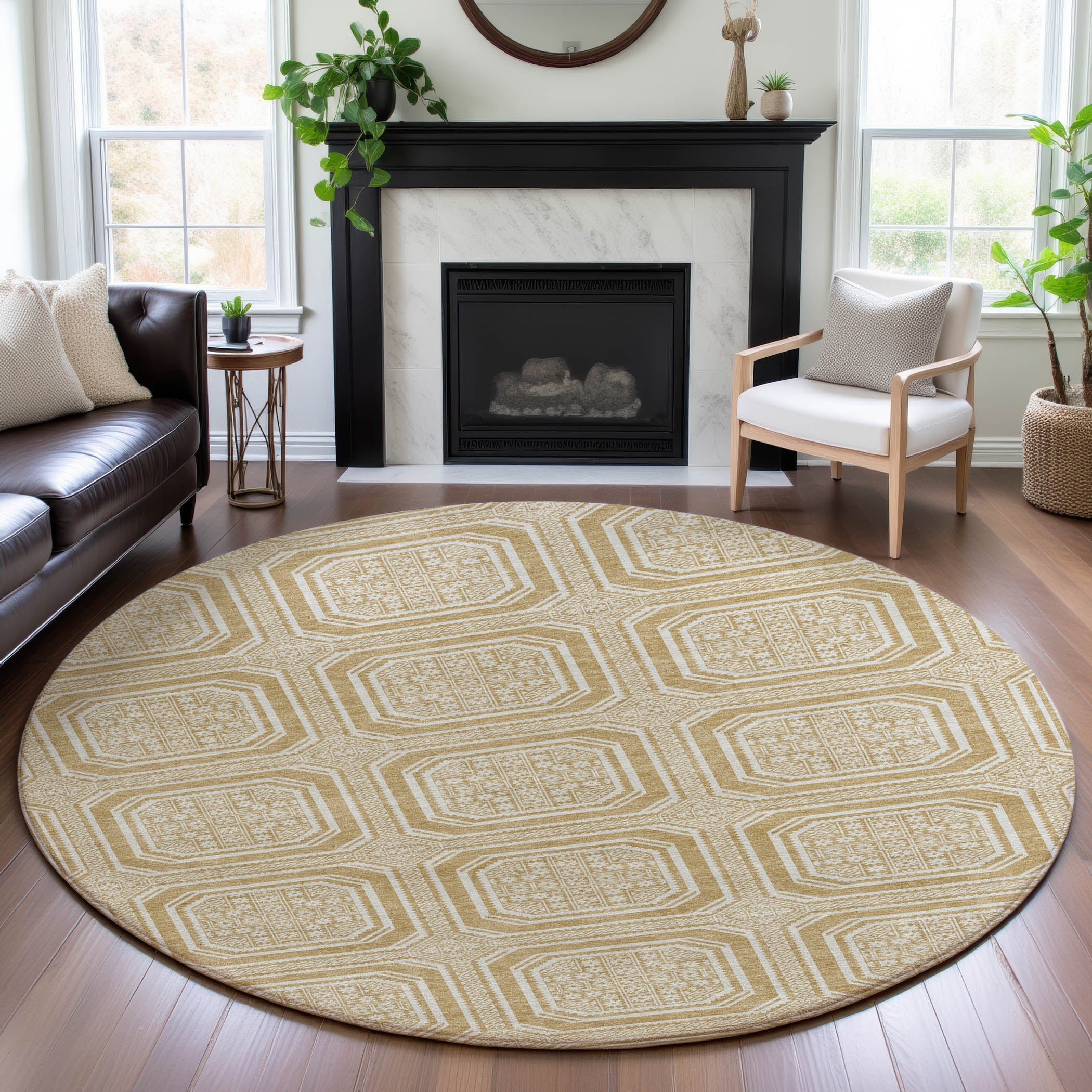 Kyoto Machine Washable Transitional Gold Rug 8' x 8' #shape_Round