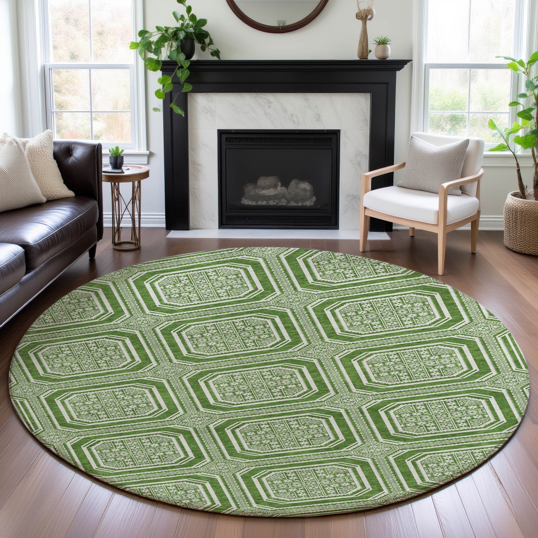 Kyoto Machine Washable Transitional Green Rug 8' x 8' #shape_Round