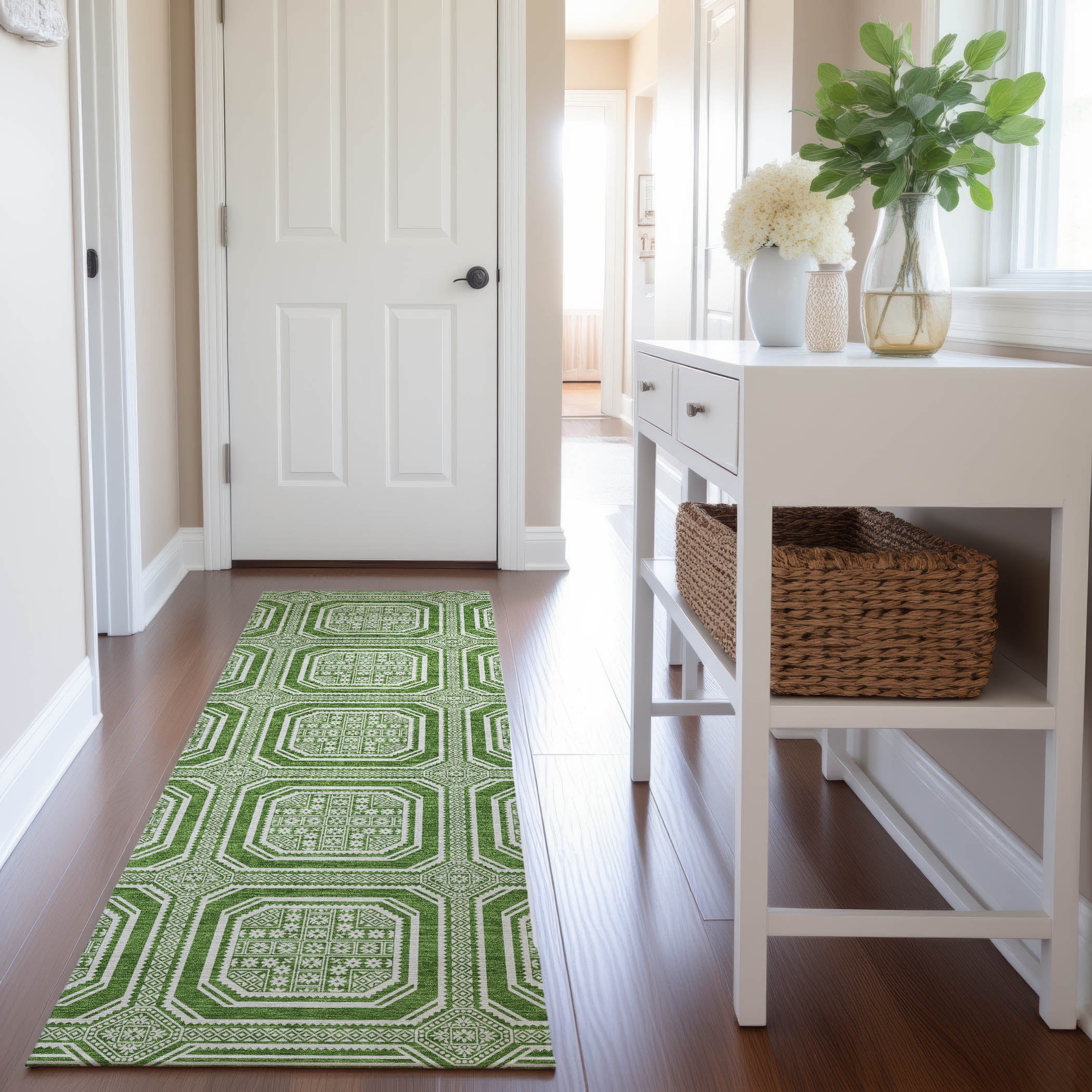Kyoto Machine Washable Transitional Green Rug 2'3" x 7'6" #shape_Runner