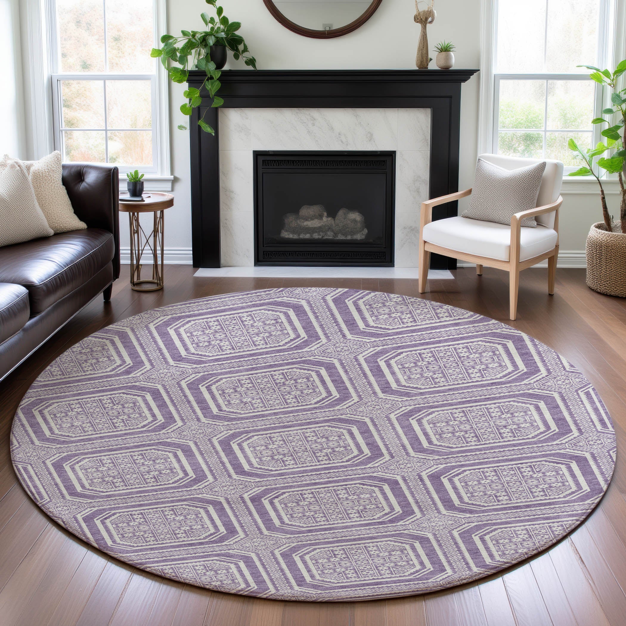 Kyoto Machine Washable Transitional Lavender Purple Rug 8' x 8' #shape_Round