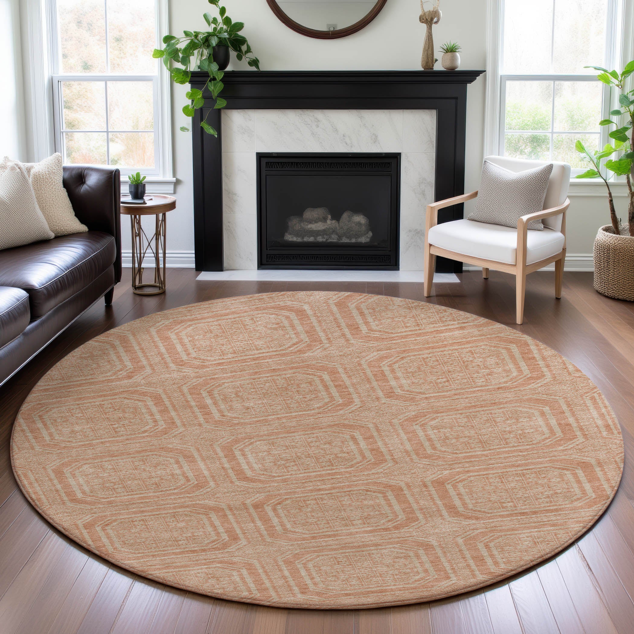Kyoto Machine Washable Transitional Peach Orange Rug 8' x 8' #shape_Round