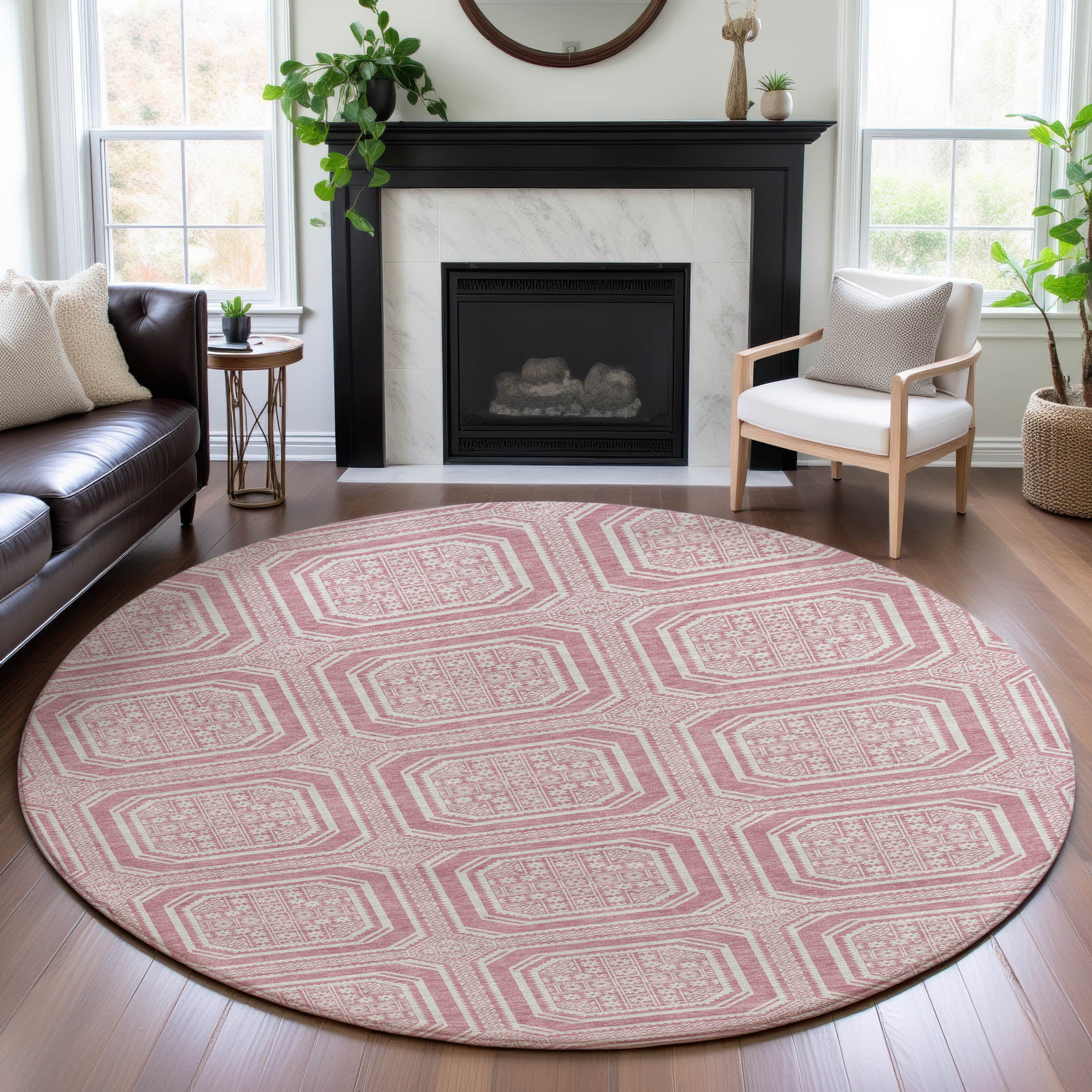 Kyoto Machine Washable Transitional Pink Rug 8' x 8' #shape_Round