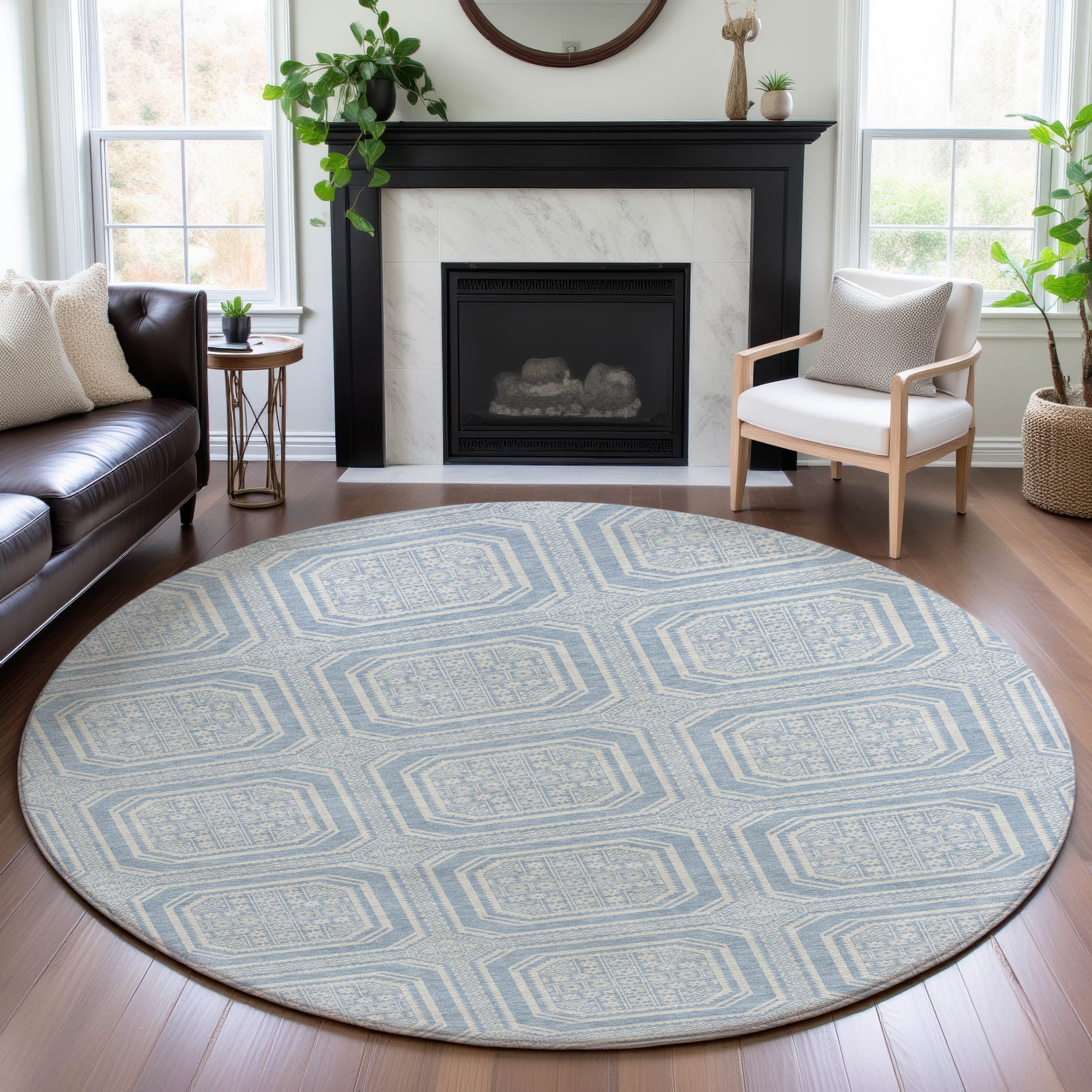 Kyoto Machine Washable Transitional Sky Blue Rug 8' x 8' #shape_Round