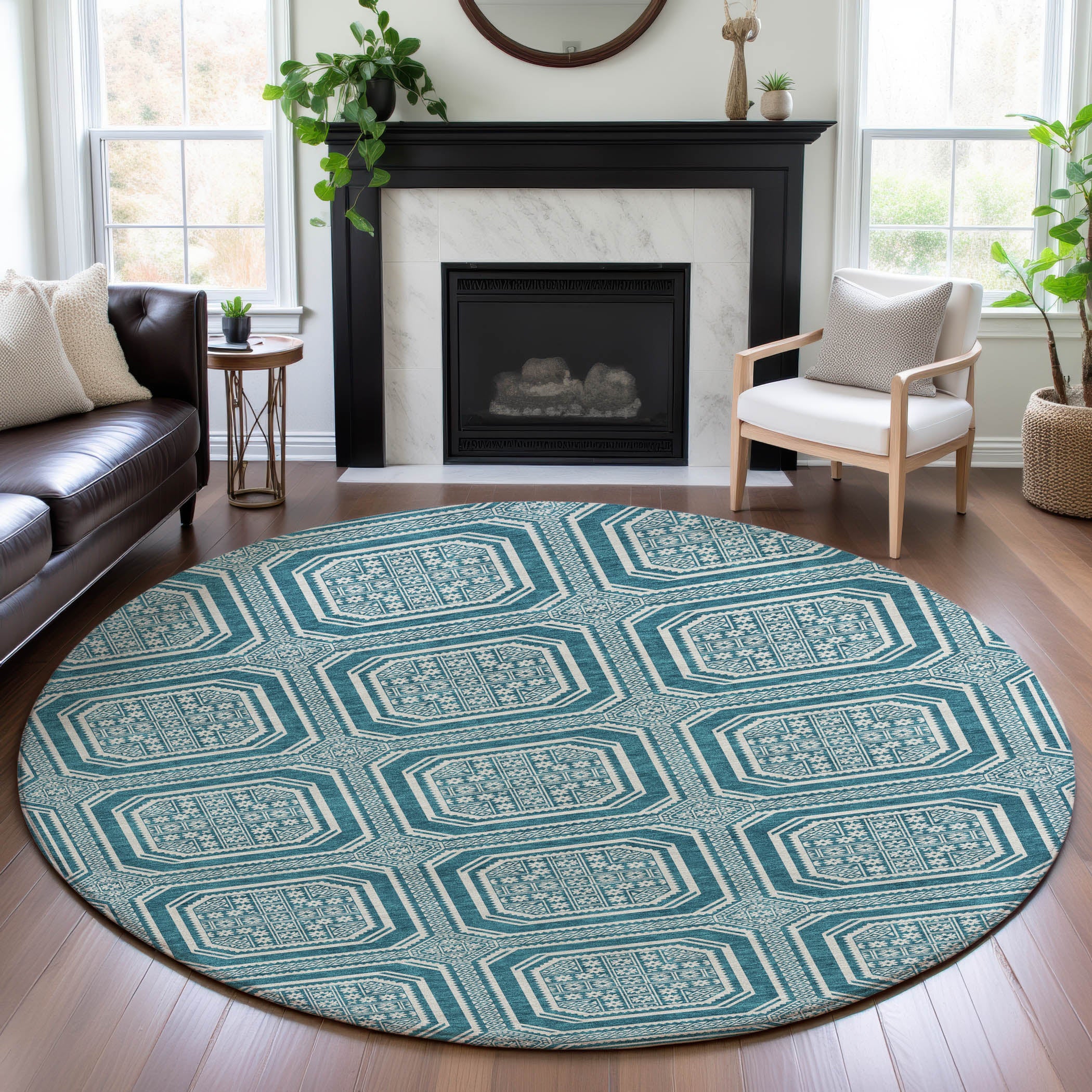 Kyoto Machine Washable Transitional Teal Rug 8' x 8' #shape_Round