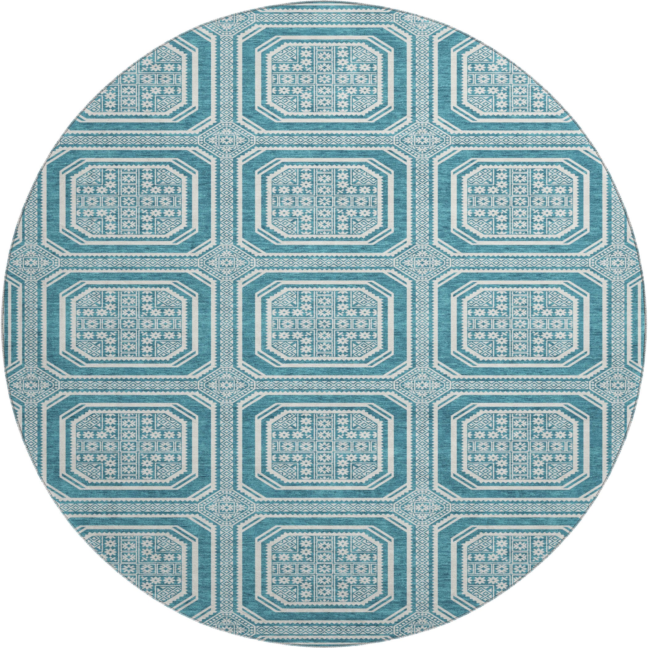Kyoto Machine Washable Transitional Teal Rug 8' x 8' #shape_Round
