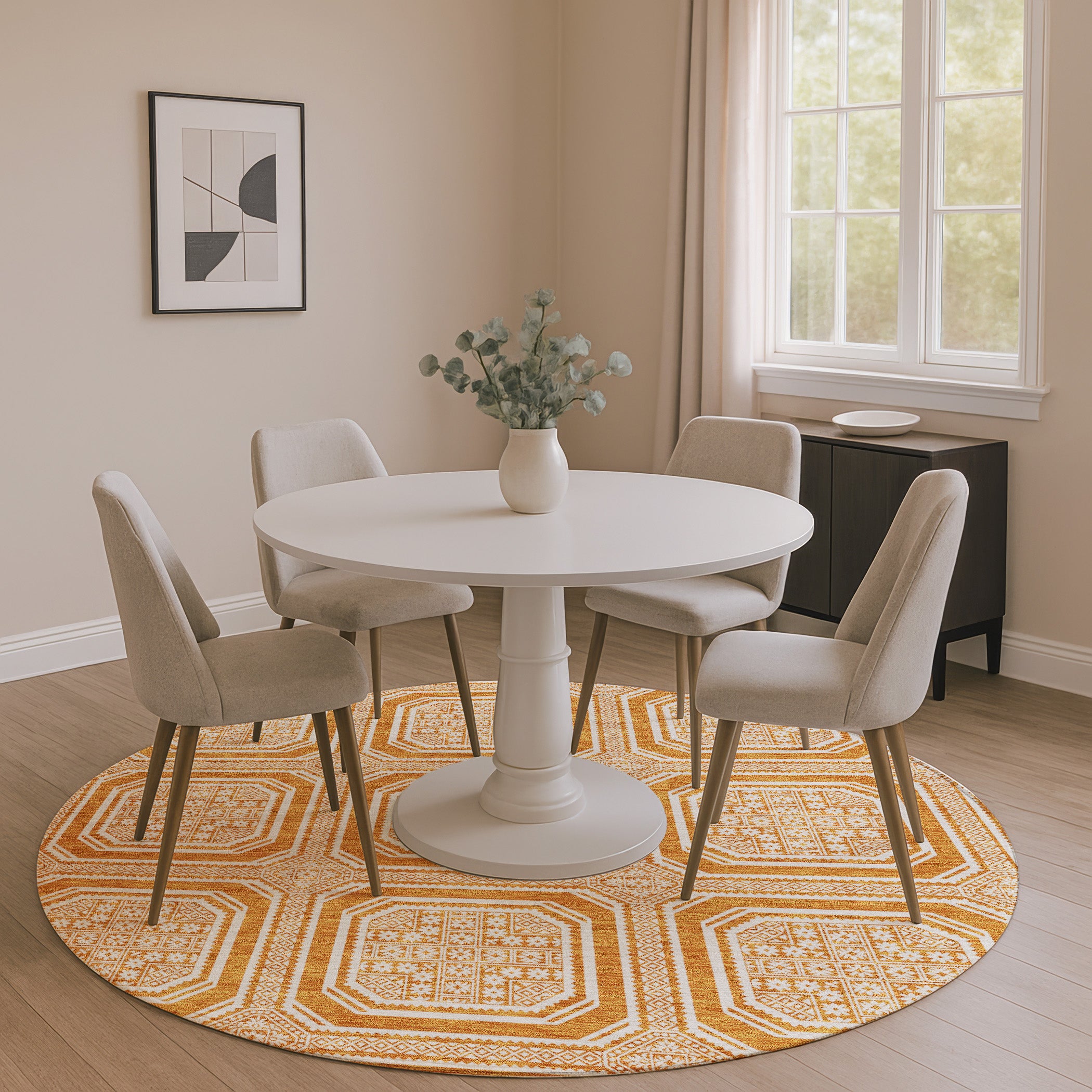 Kyoto Machine Washable Transitional Terracotta Orange Rug 8' x 8' #shape_Round