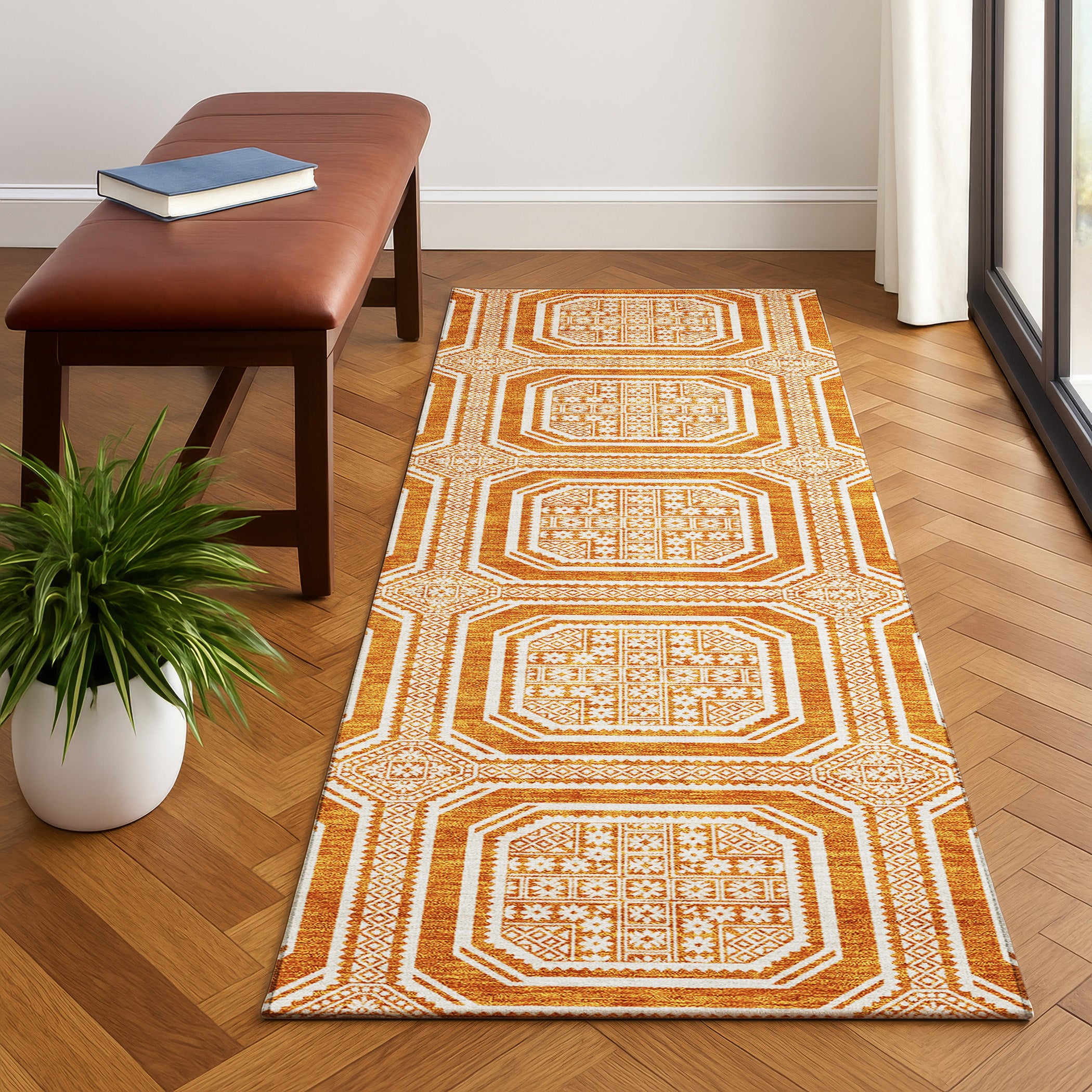 Kyoto Machine Washable Transitional Terracotta Orange Rug 2'3" x 7'6" #shape_Runner