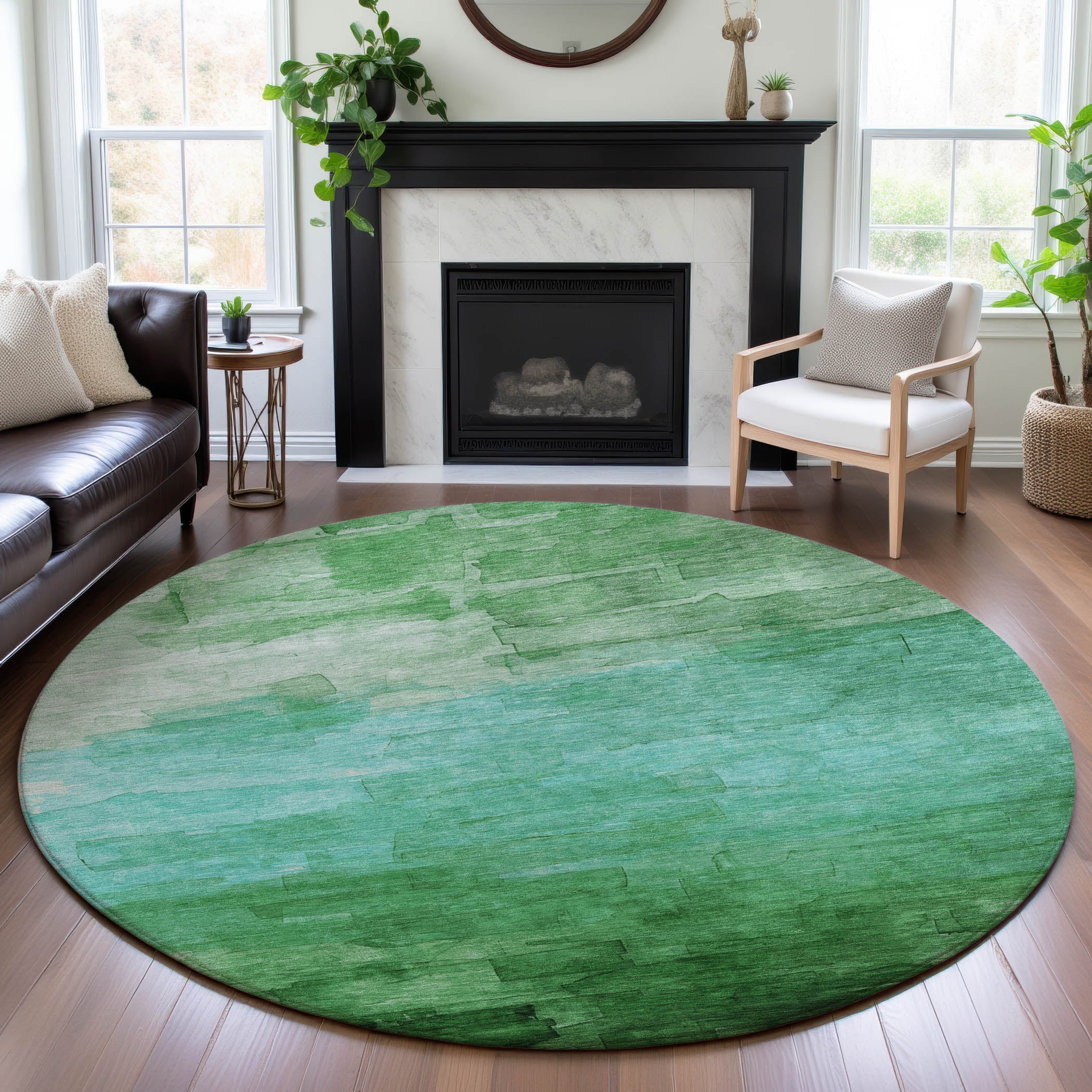Budapest Machine Washable Transitional Green Rug 8' x 8' #shape_Round