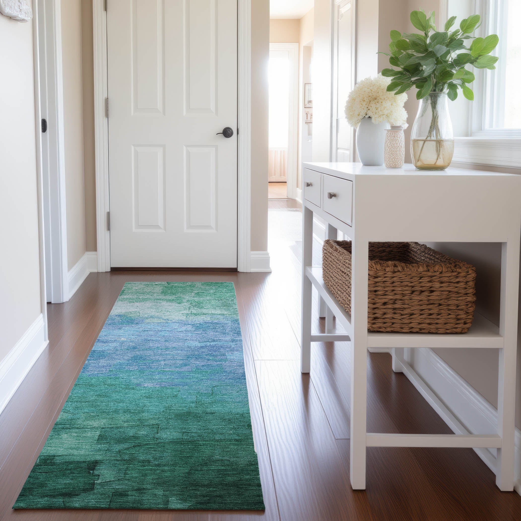 Budapest Machine Washable Transitional Teal Rug 2'3" x 7'6" #shape_Runner