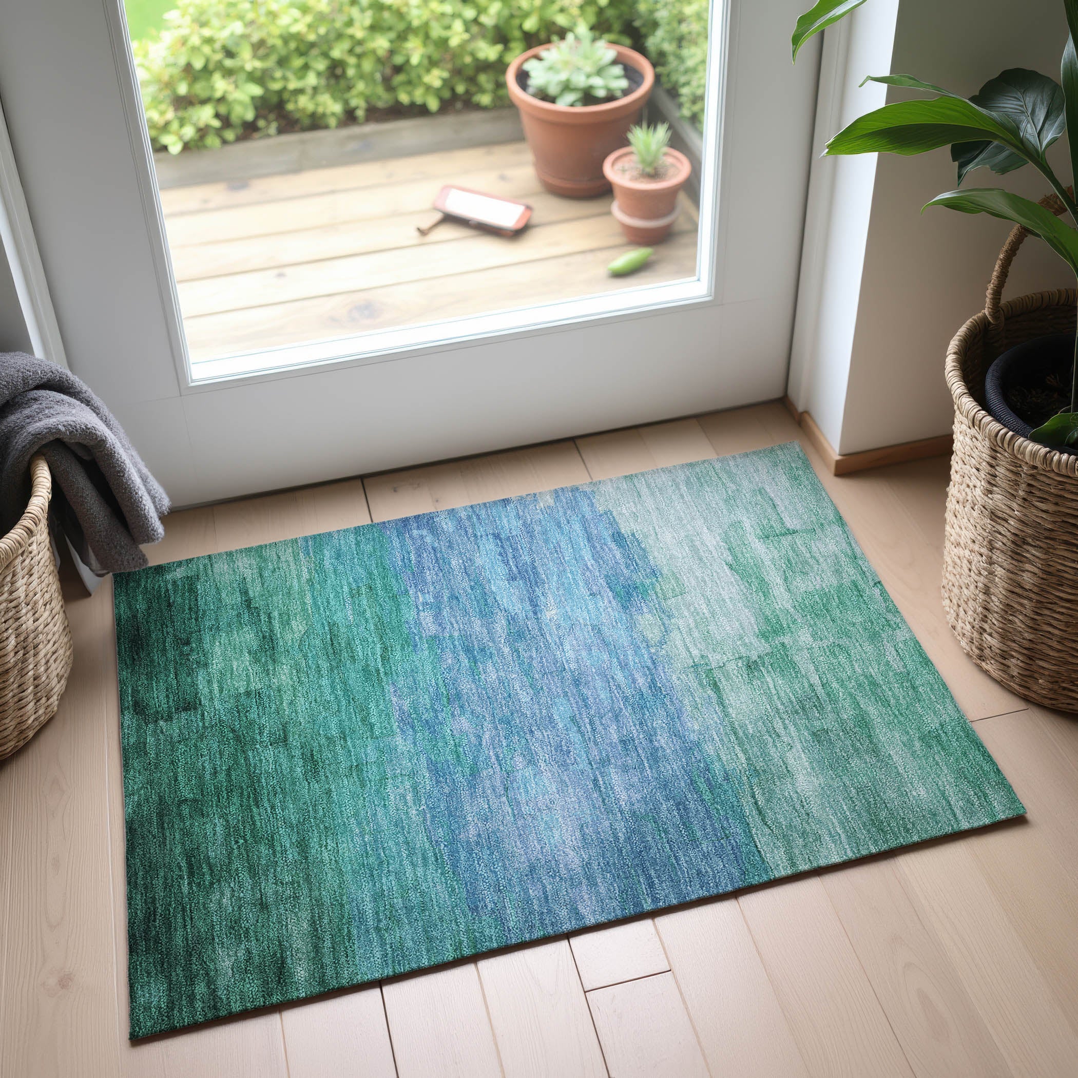 Budapest Machine Washable Transitional Teal Rug 1'8" x 2'6" #shape_Rectangle