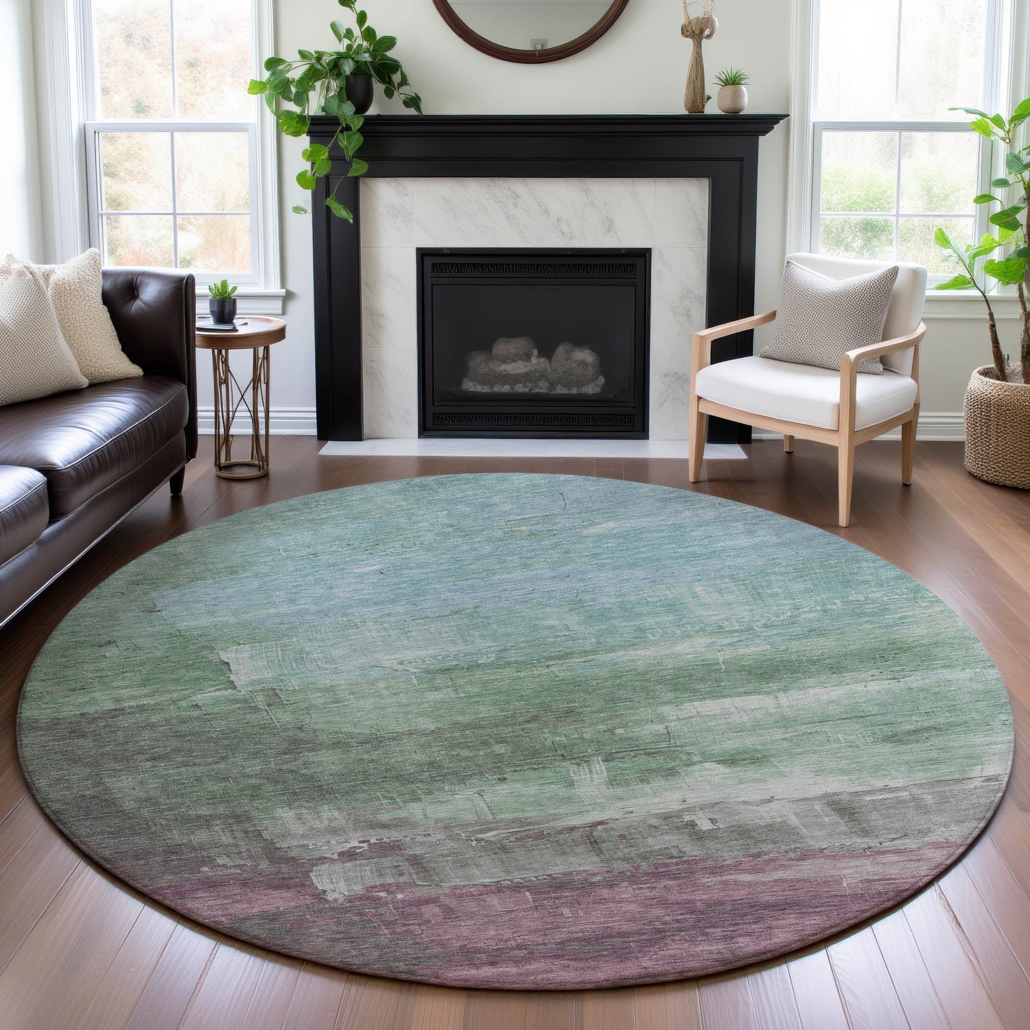 Valletta Machine Washable Transitional Aloe Green Rug 8' x 8' #shape_Round