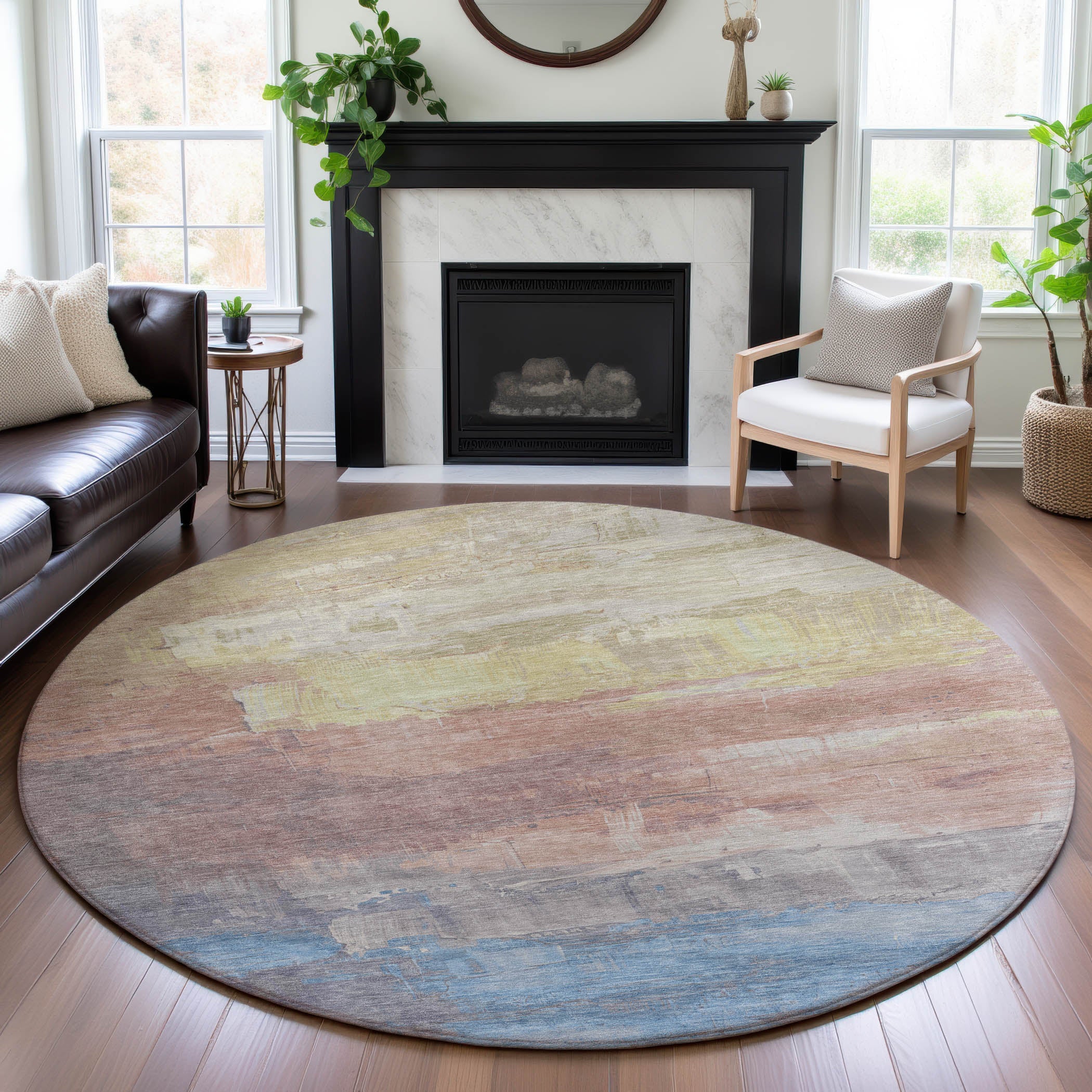 Valletta Machine Washable Transitional Beige Brown Rug 8' x 8' #shape_Round