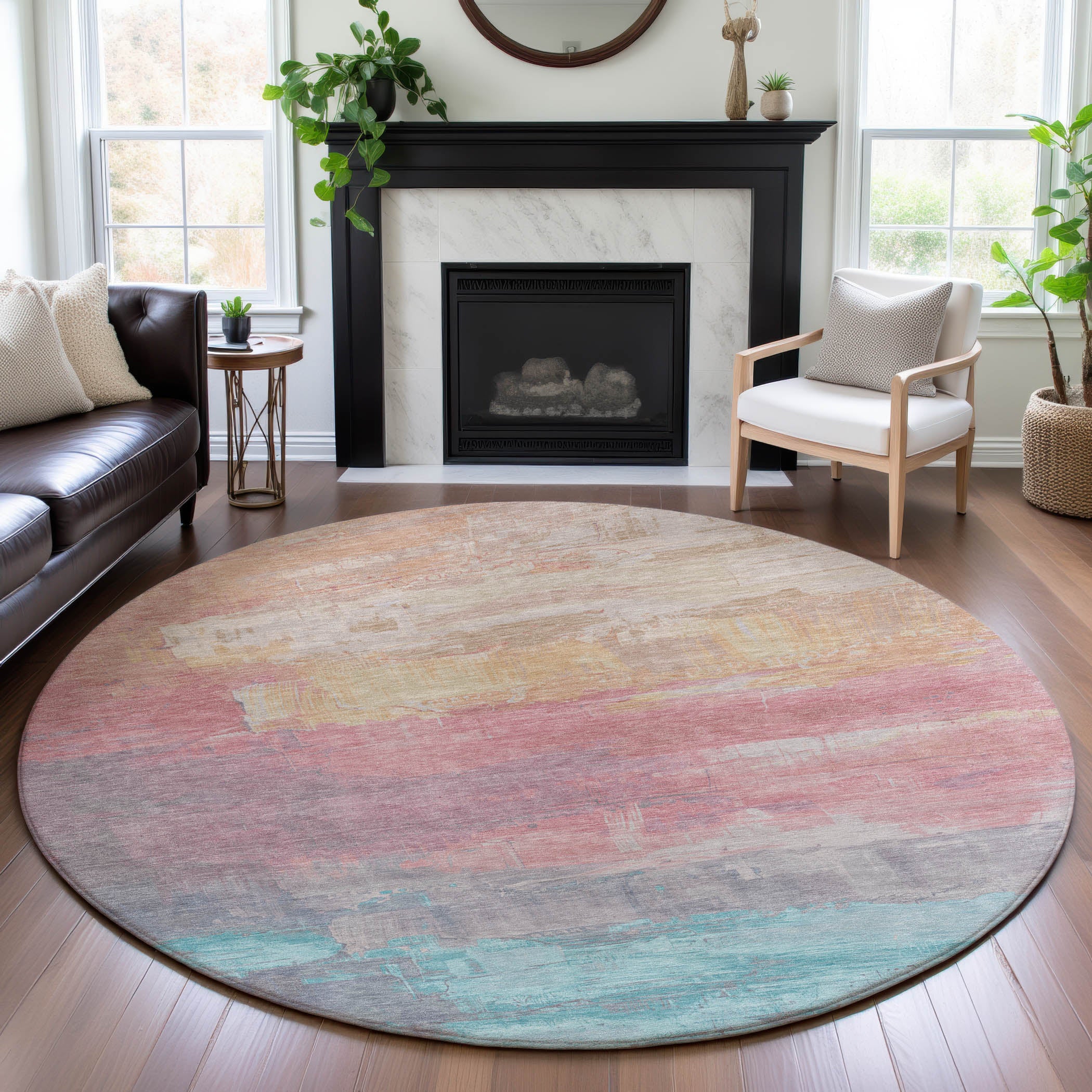 Valletta Machine Washable Transitional Salmon Orange Rug 8' x 8' #shape_Round
