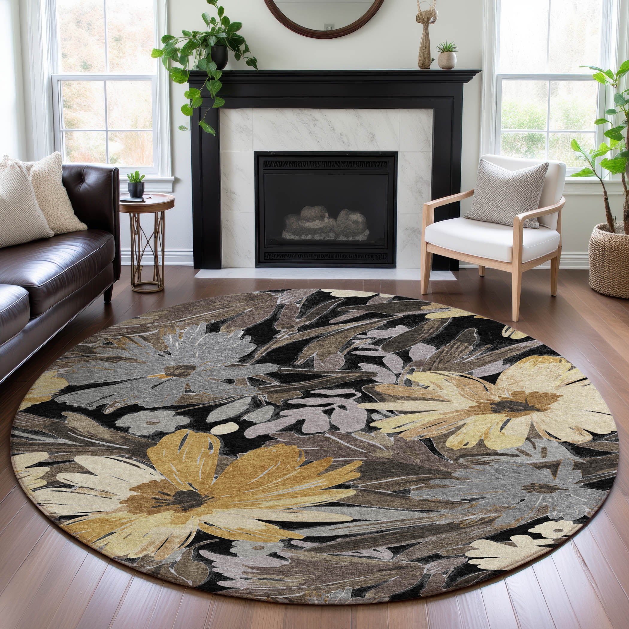 Seoul Machine Washable Transitional Black Rug 8' x 8' #shape_Round