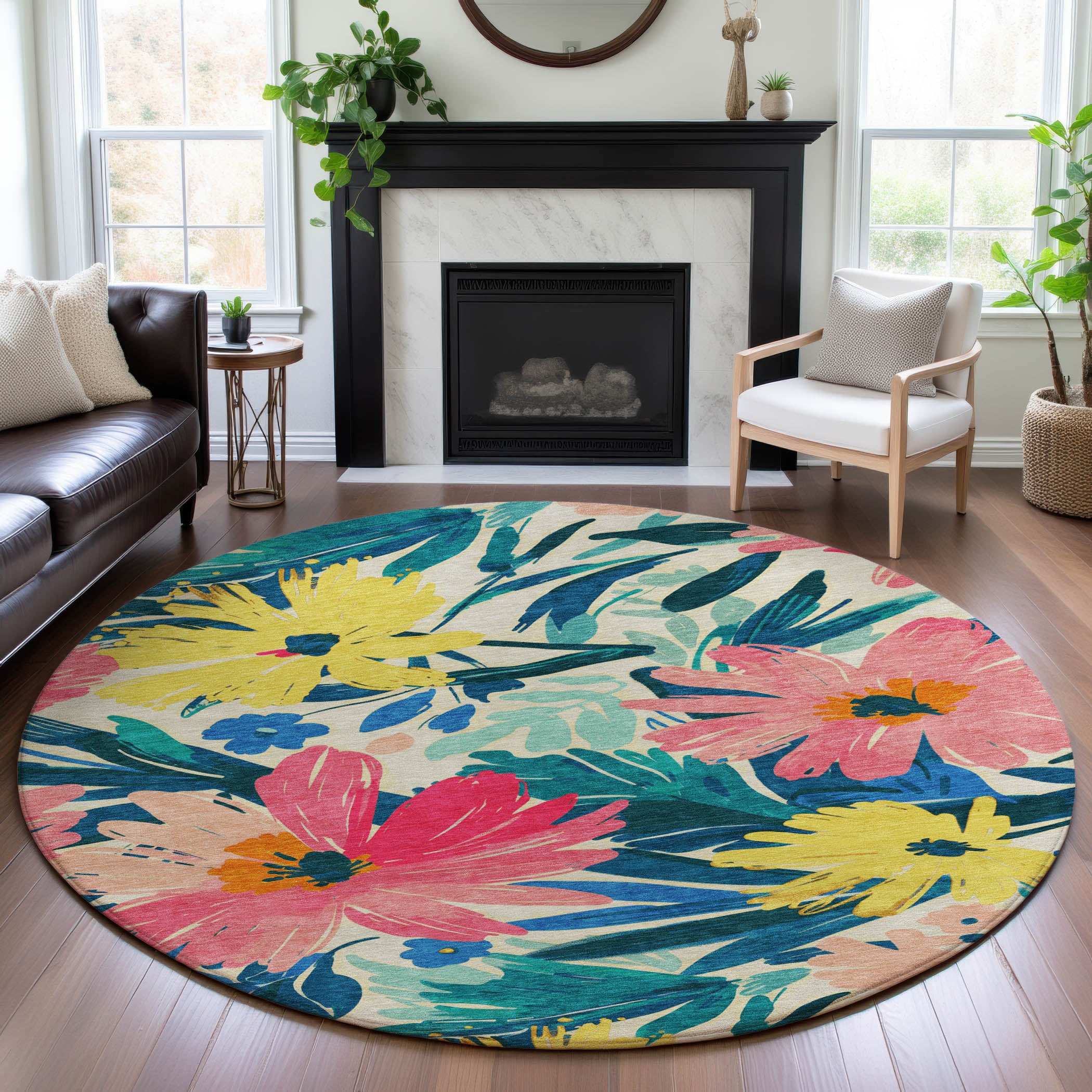 Seoul Machine Washable Transitional Blush Pink Rug 8' x 8' #shape_Round