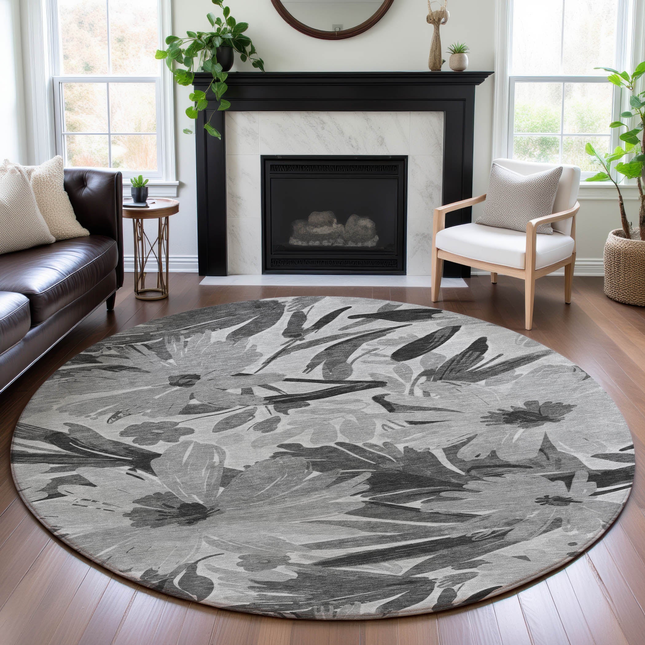 Seoul Machine Washable Transitional Gray Rug 8' x 8' #shape_Round