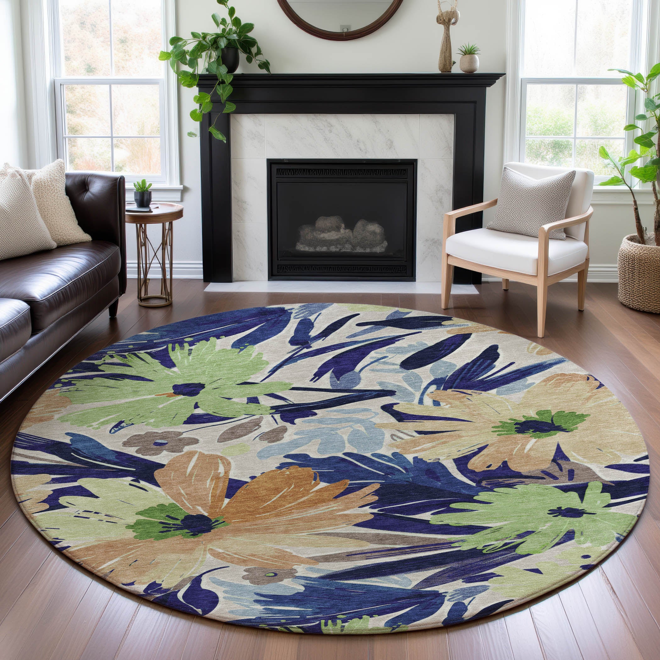 Seoul Machine Washable Transitional Navy Blue Rug 8' x 8' #shape_Round