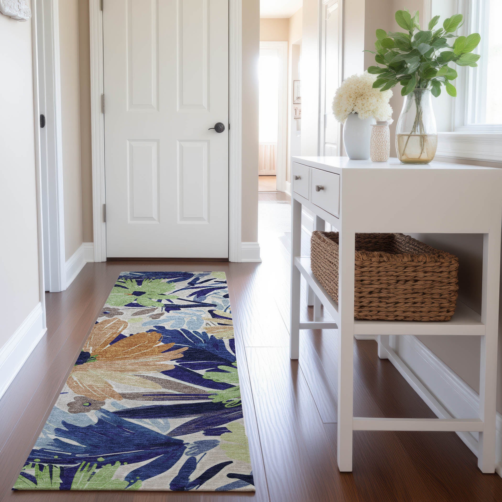 Seoul Machine Washable Transitional Navy Blue Rug 2'3" x 7'6" #shape_Runner