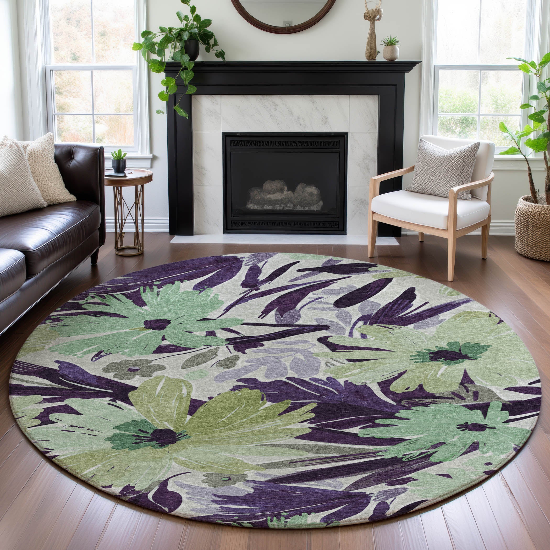Seoul Machine Washable Transitional Purple Rug 8' x 8' #shape_Round