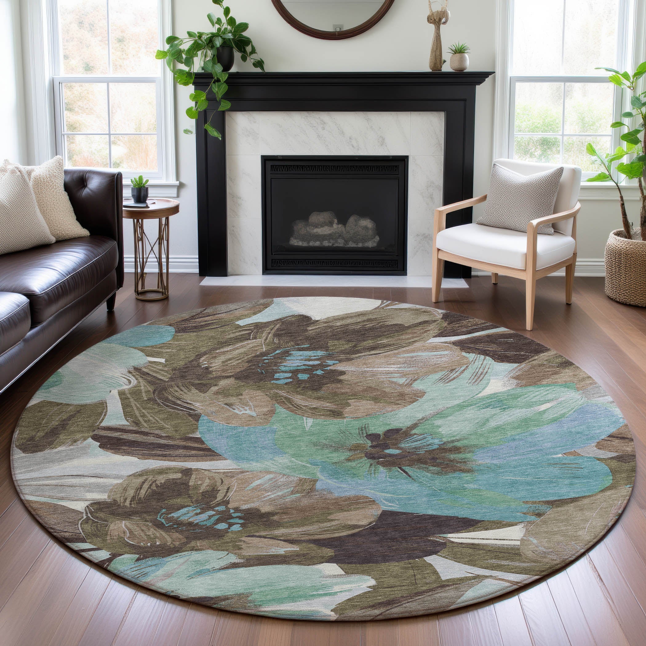 Oslo Machine Washable Transitional Khaki Brown Rug 8' x 8' #shape_Round