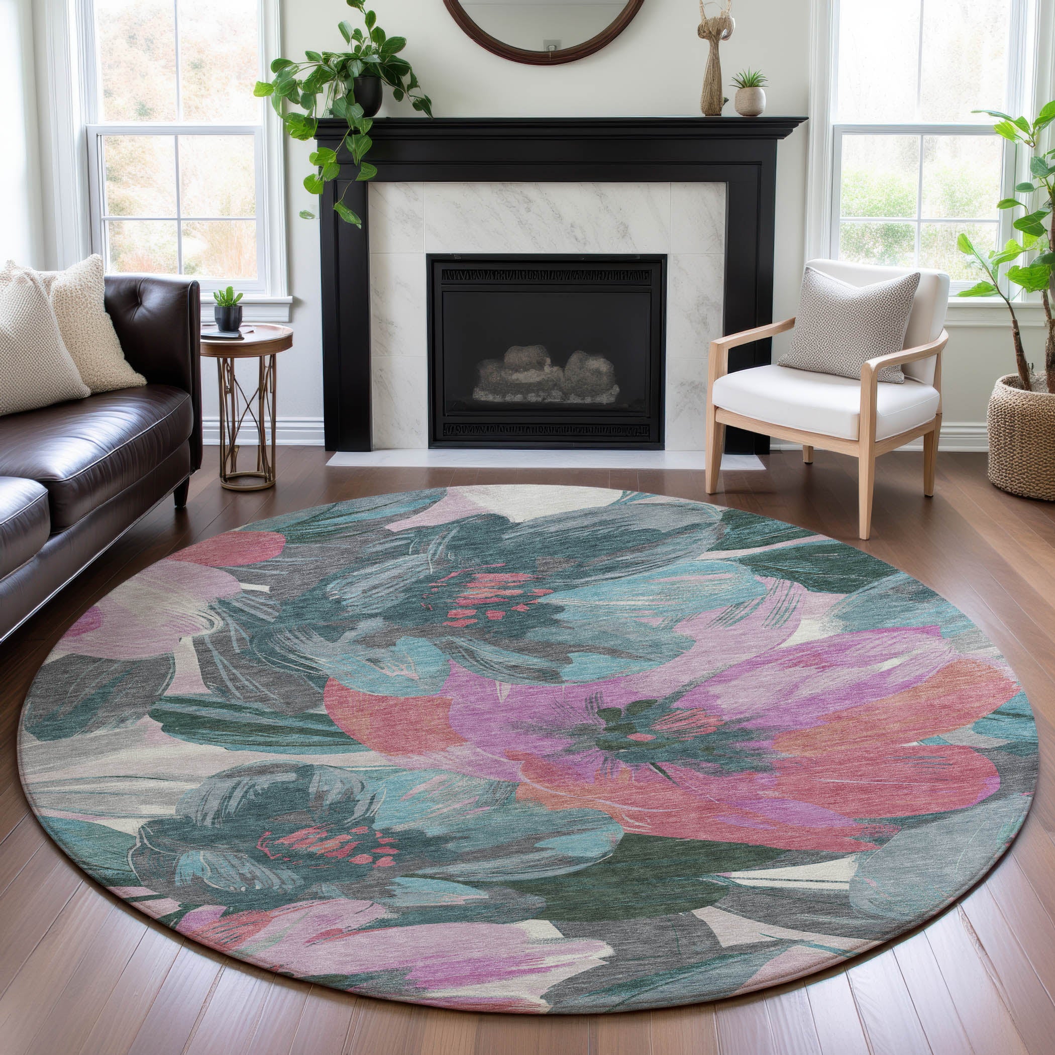 Oslo Machine Washable Transitional Teal Rug 8' x 8' #shape_Round