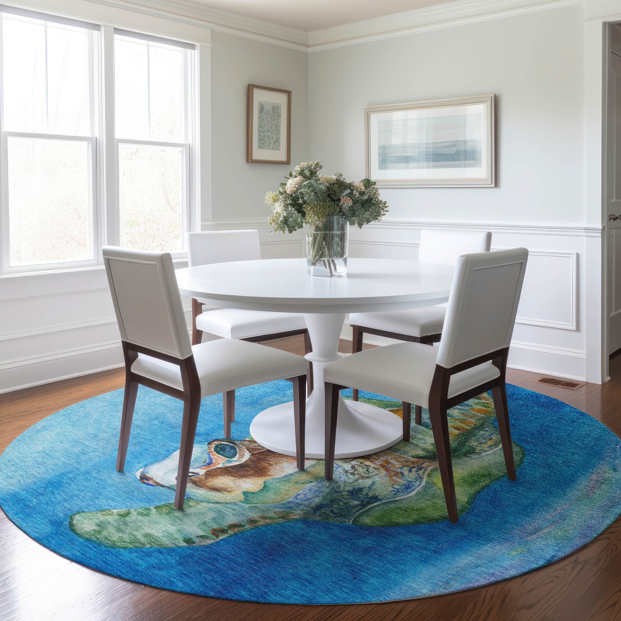 Tbilisi Machine Washable Coastal Ocean Blue Rug 8' x 8' #shape_Round