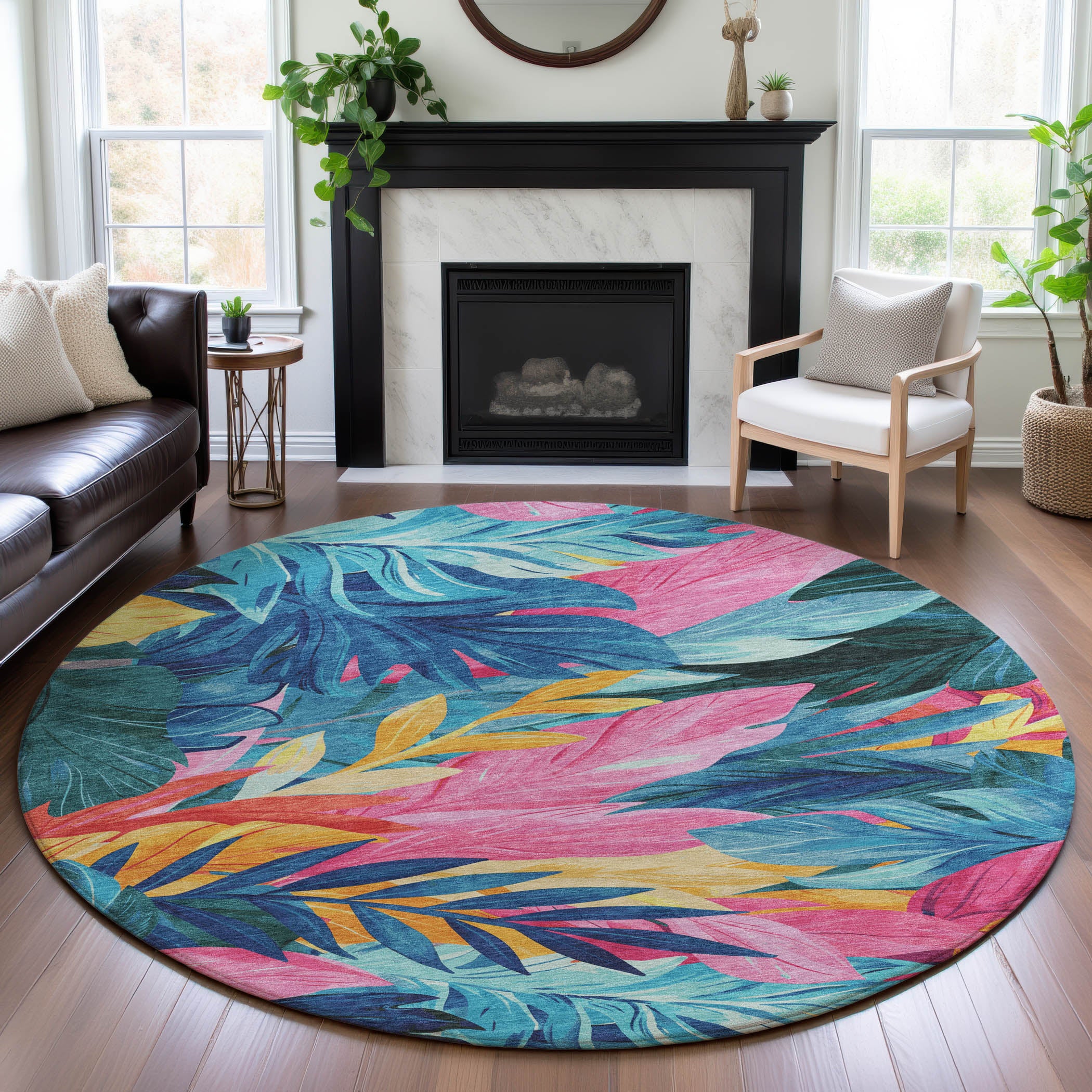 Istanbul Machine Washable Transitional Sky Blue Rug 8' x 8' #shape_Round