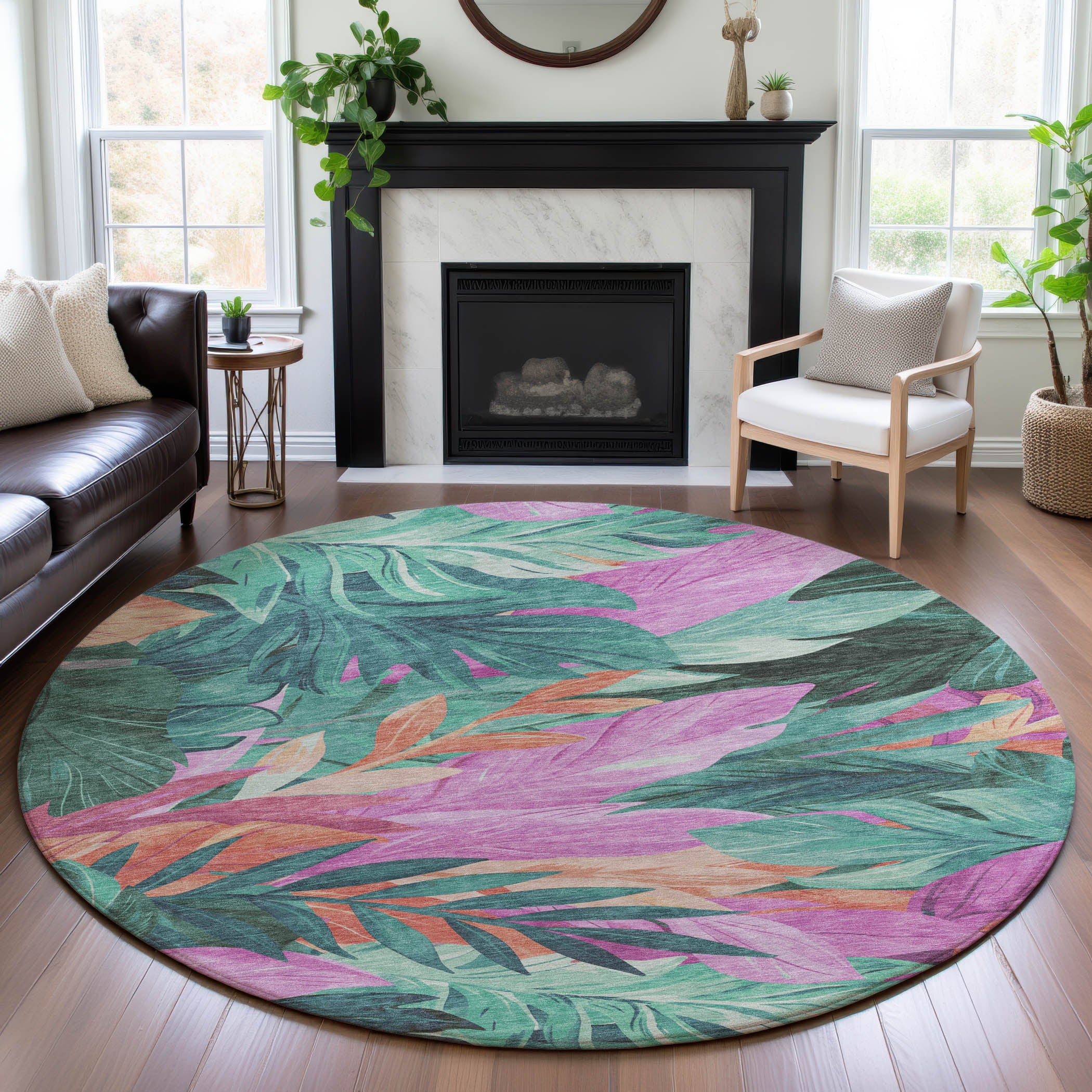 Istanbul Machine Washable Transitional Teal Rug 8' x 8' #shape_Round