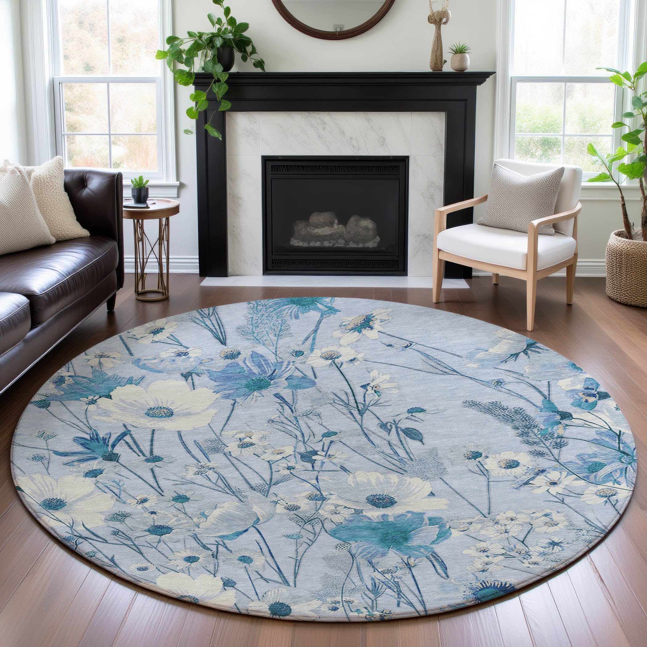 Florence Machine Washable Transitional Sky Blue Rug 8' x 8' #shape_Round