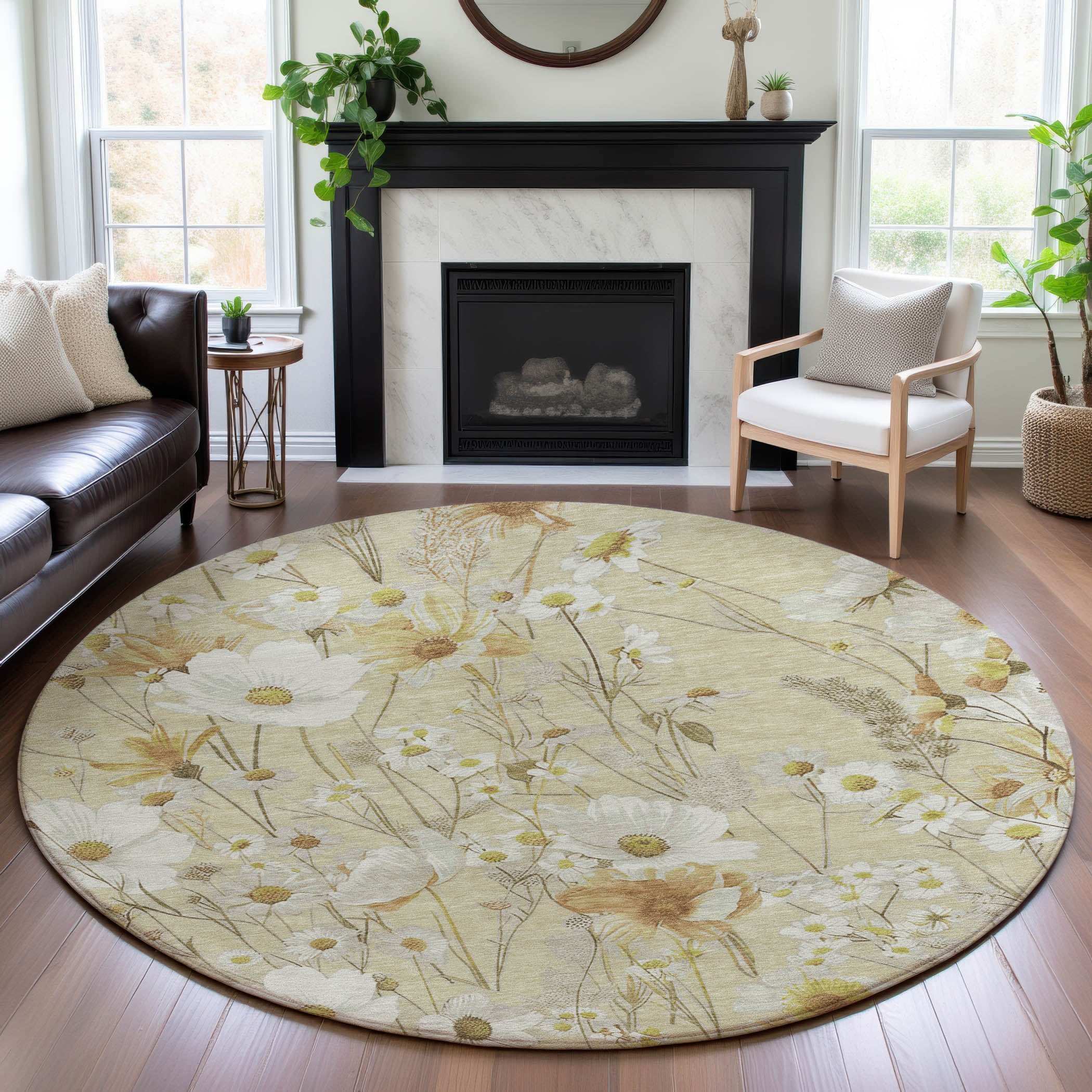 Florence Machine Washable Transitional Wheat Gold Rug 8' x 8' #shape_Round