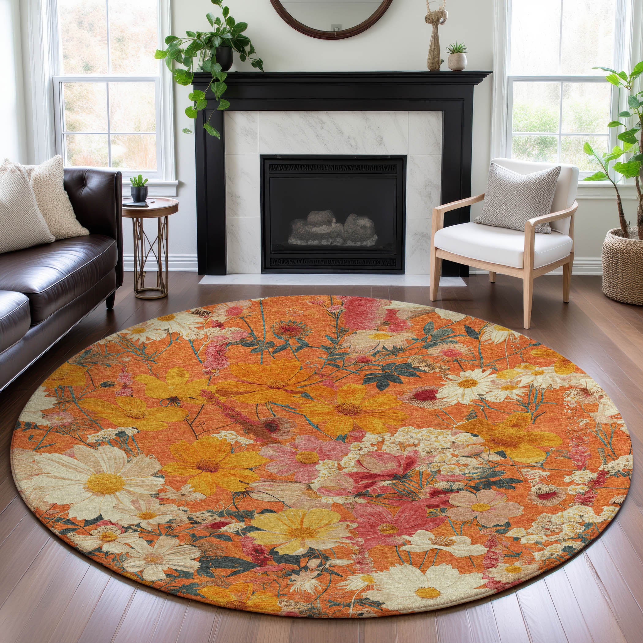 Chiang Mai Machine Washable Transitional Orange Rug 8' x 8' #shape_Round