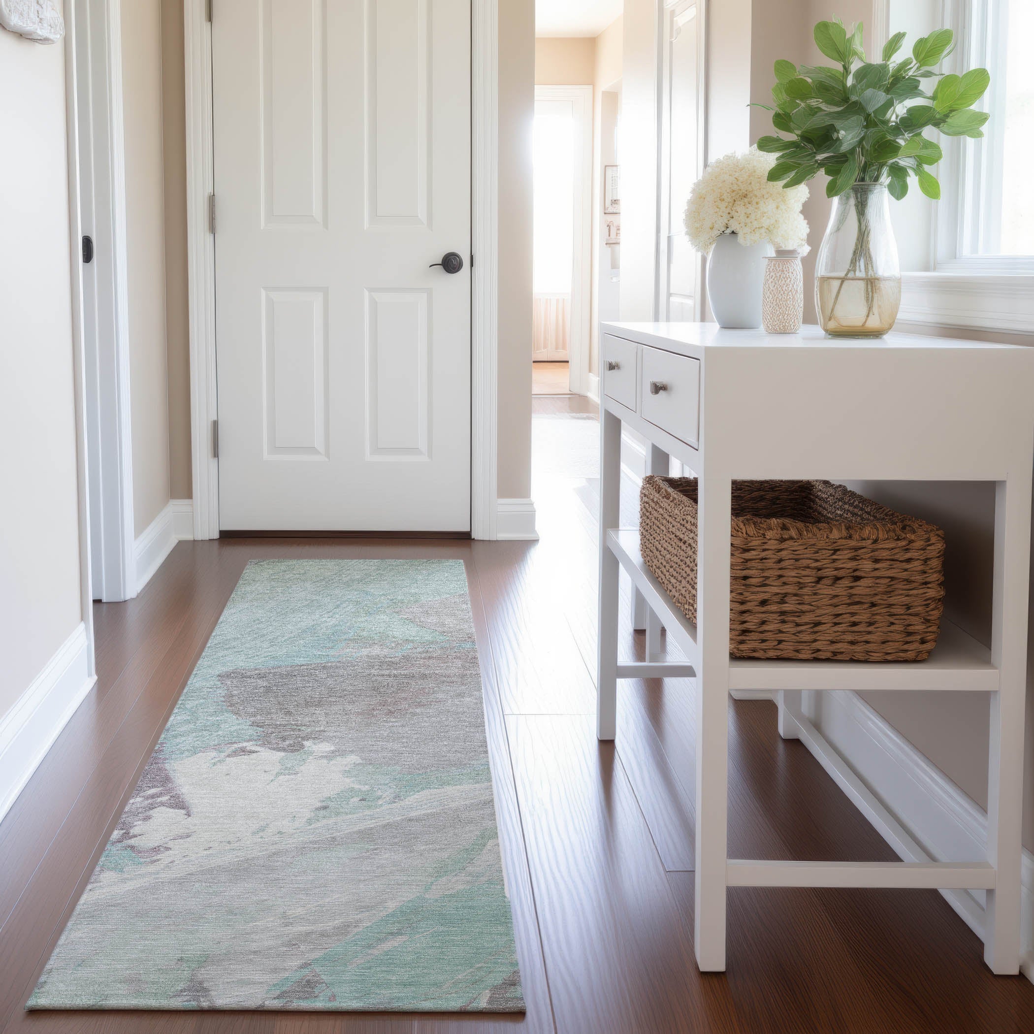 Mostar Machine Washable Transitional Seafoam Blue Rug 2'3" x 7'6" #shape_Runner